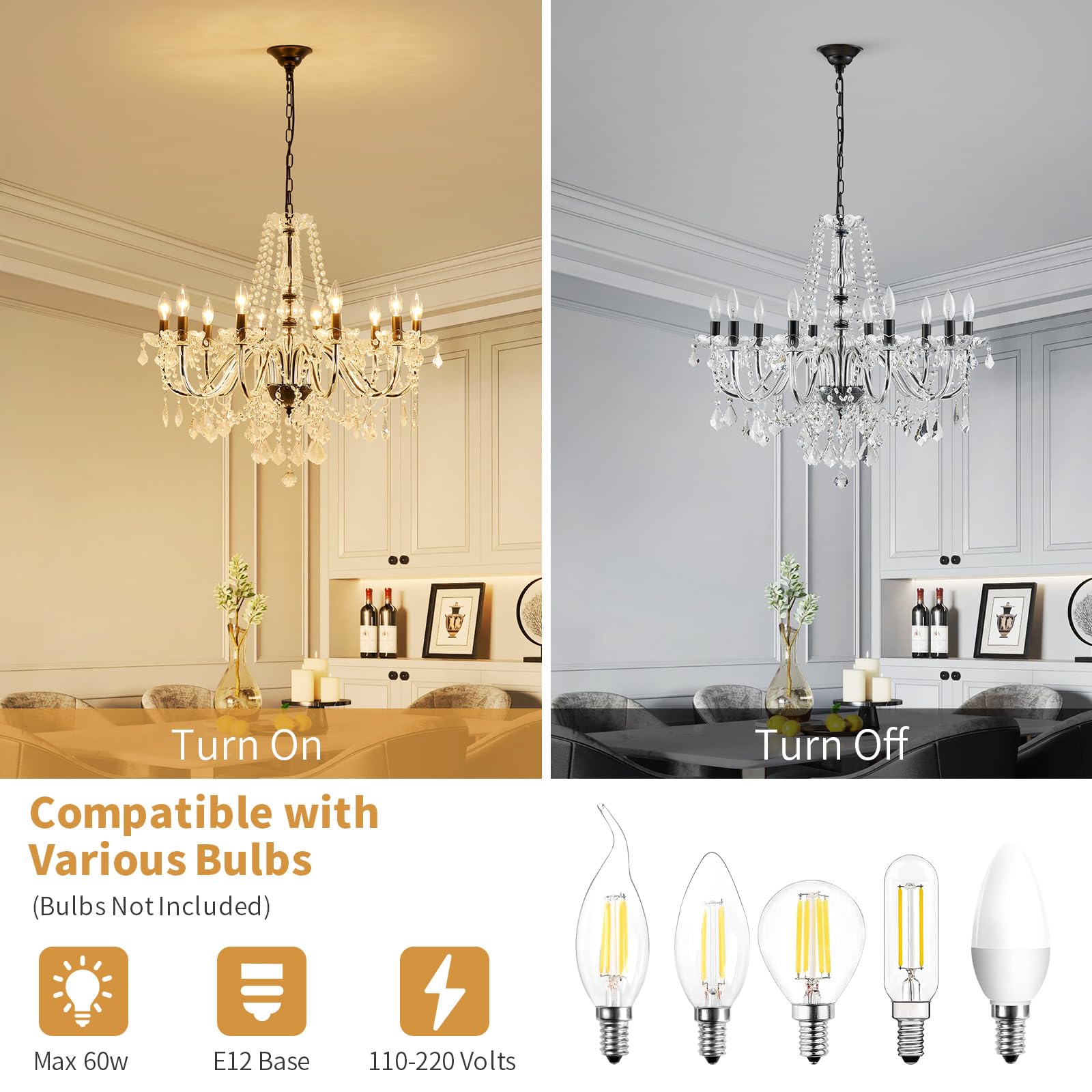 ANJIADENGSHI Large Black Crystal Chandelier, 10-Lights, 30.3in High x 26.8in Wide, Modern Design for Dining Room, Living Room, F