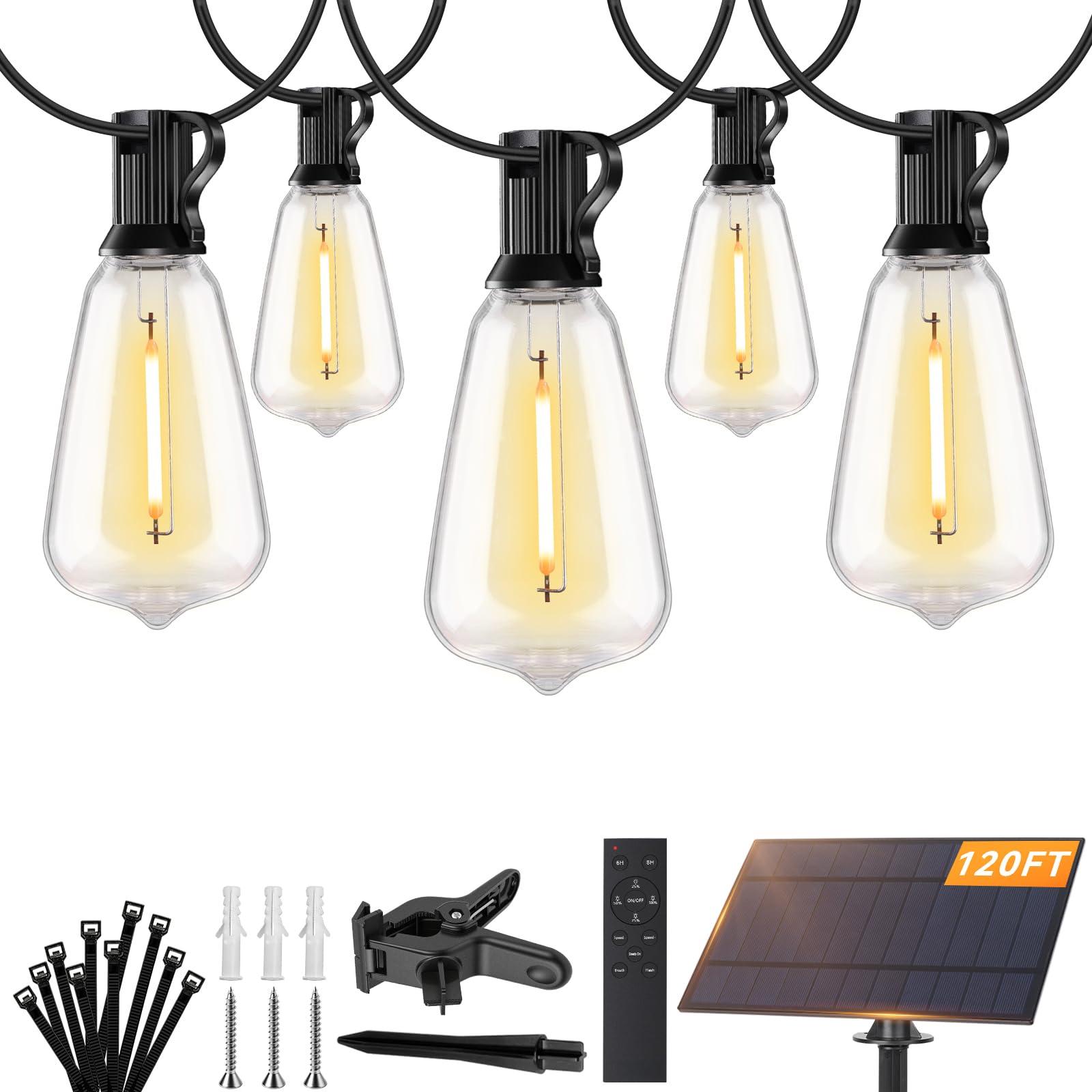 Brightever 120FT Solar String Lights Outdoor Waterproof, Patio Lights Solar Powered with Remote, 50+2 Shatterproof ST38 LED Bulb