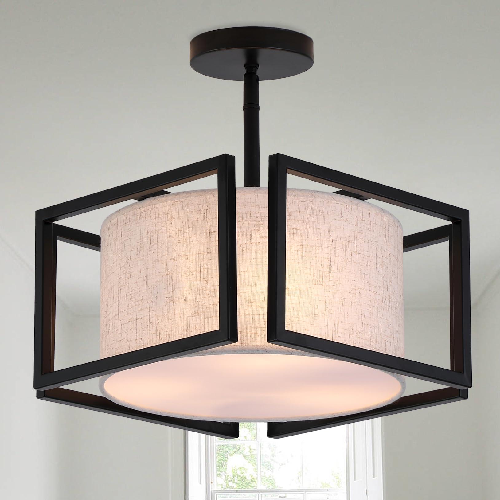 Vexagyle 3-Light Semi Flush Mount Ceiling Light Fixture,12.6   Modern Close to Ceiling Light with Fabric Linen Shade Black Metal