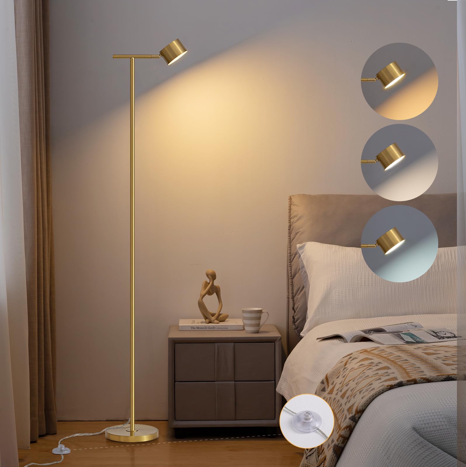 FIGDIFOR Floor Lamp for Bedroom, 3 Color Temperatures Minimalist Floor Lamp with Flexible Lamp Cap, Modern Gold Floor Lamps for 
