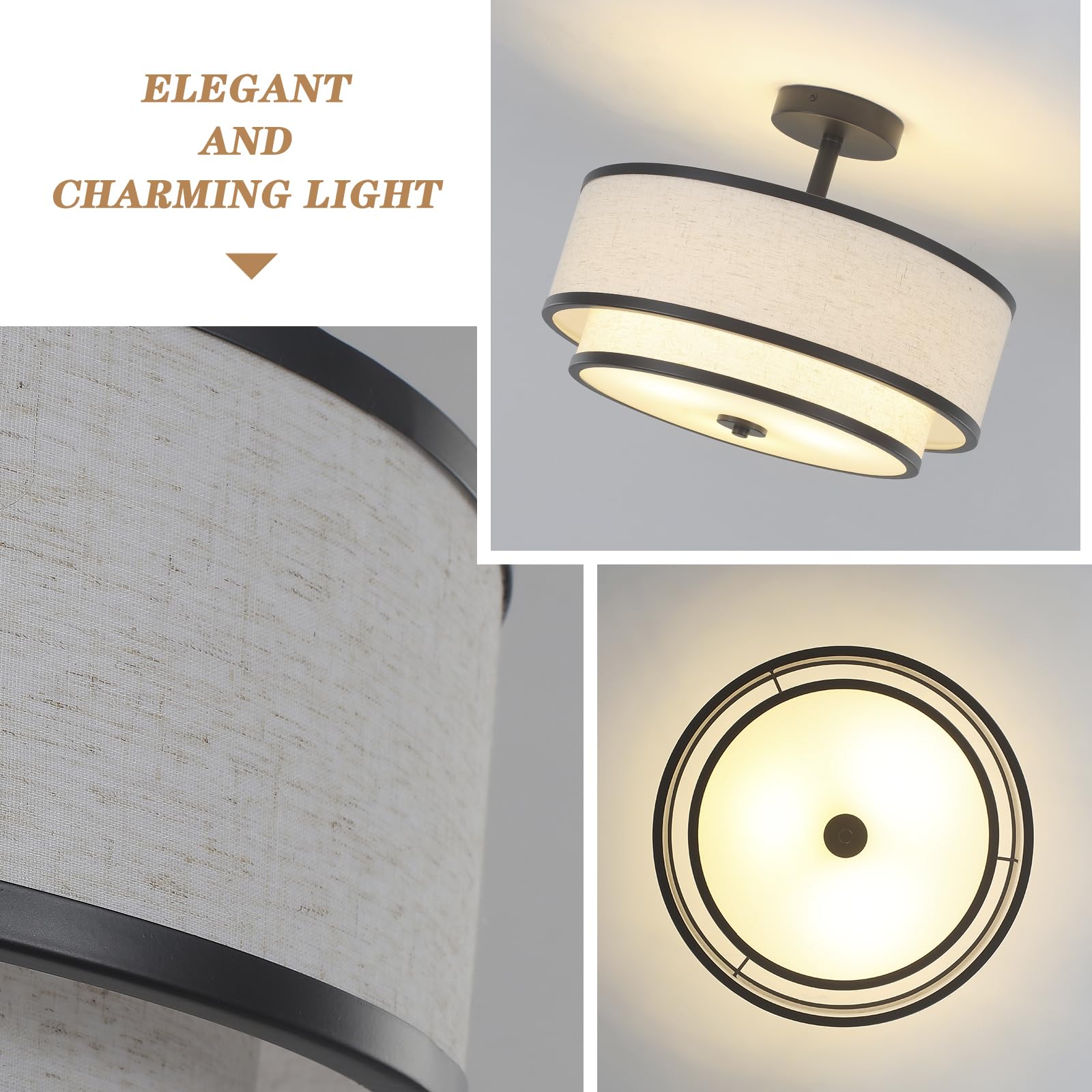 BUXVRCS Semi Flush Mount Ceiling Light Fixture, 3-Light Drum Design, Black Fabric Shade, Model: ceiling lights-001