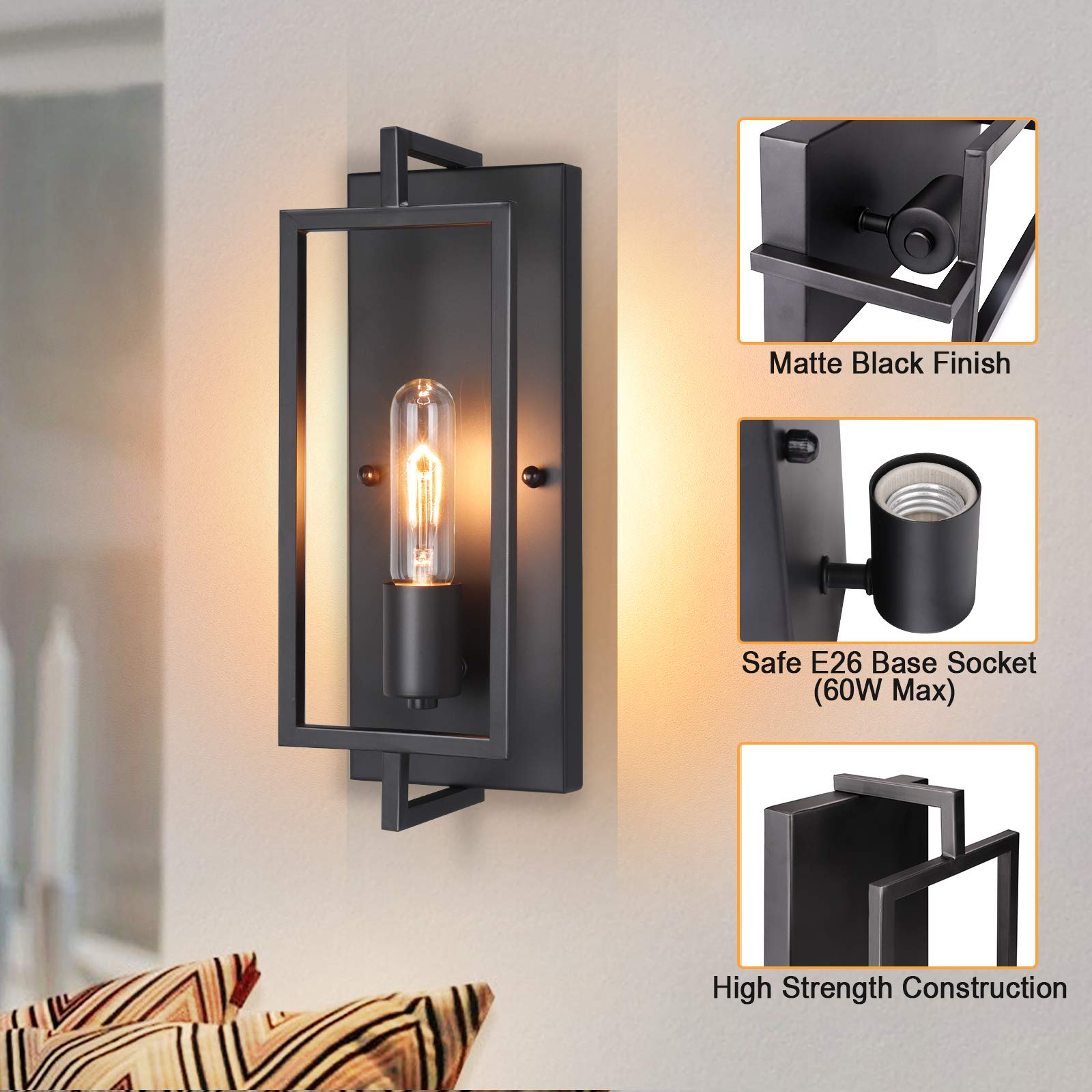 Maylaywood Vintage Industrial Wall Sconces - Set Of 2 Matte Black Metal Hardwired Lamps