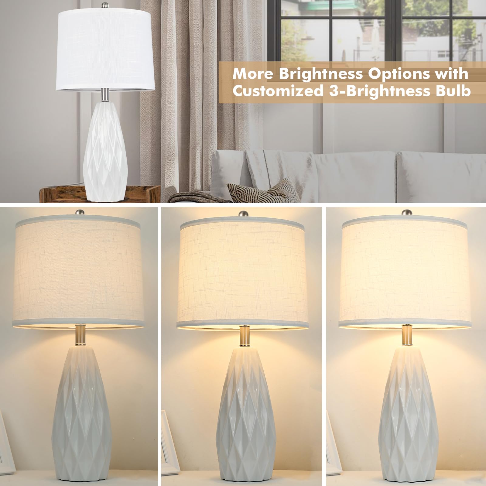 Kunruitai 25'' Geometric Lamp White Cream Table Lamps Modern Ceramic Lamp For Night Stand - 3-Way Dimmable Bedside Lamps For Nig