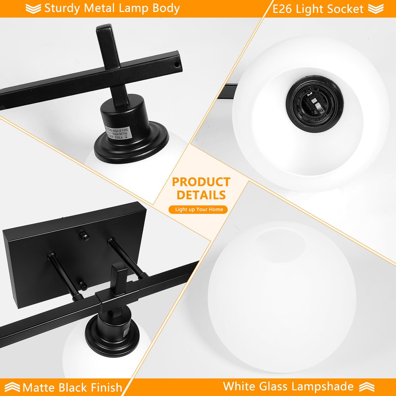 Dpyrrhic 4-Light Modern Vanity Light Fixture, Black Metal Bathroom Lighting with Milky White Glass Lampshade, Model JD-16
