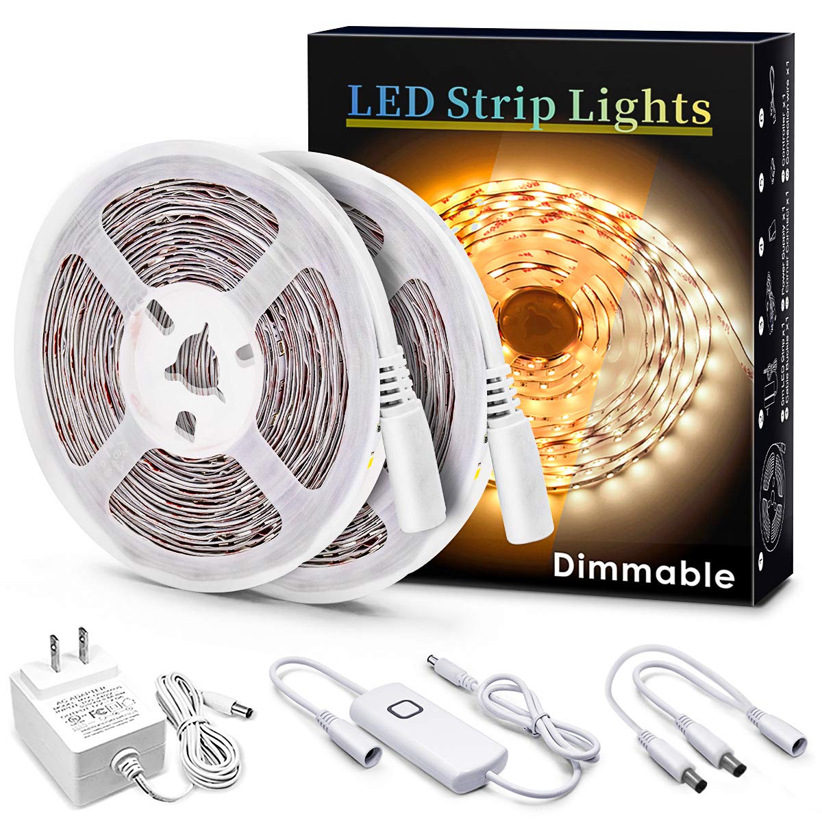 MYPLUS Under Cabinet Lighting Kit, 32.8FT Dimmable LED Strip Light, Warm White 3000K, Low Power Safety Adapter, Flexible Tape Light