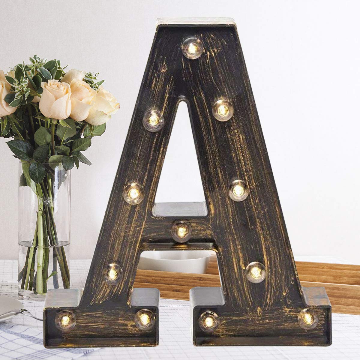 OYCBUZO Golden Black Led Marquee Letter - Industrial, Vintage Style Light Up Alphabet Letter Sign for Cafe Wedding Birthday Party Christmas Lamp Home Bar Initials Decor - A