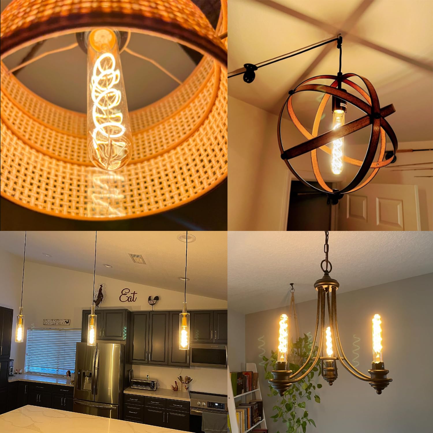 Leools T10 Long Tubular Light Bulb,60 Watt Equivalent E26 Base Amber Vintage Edison Bulb 6W Dimmable Tubular Antique Style Decor
