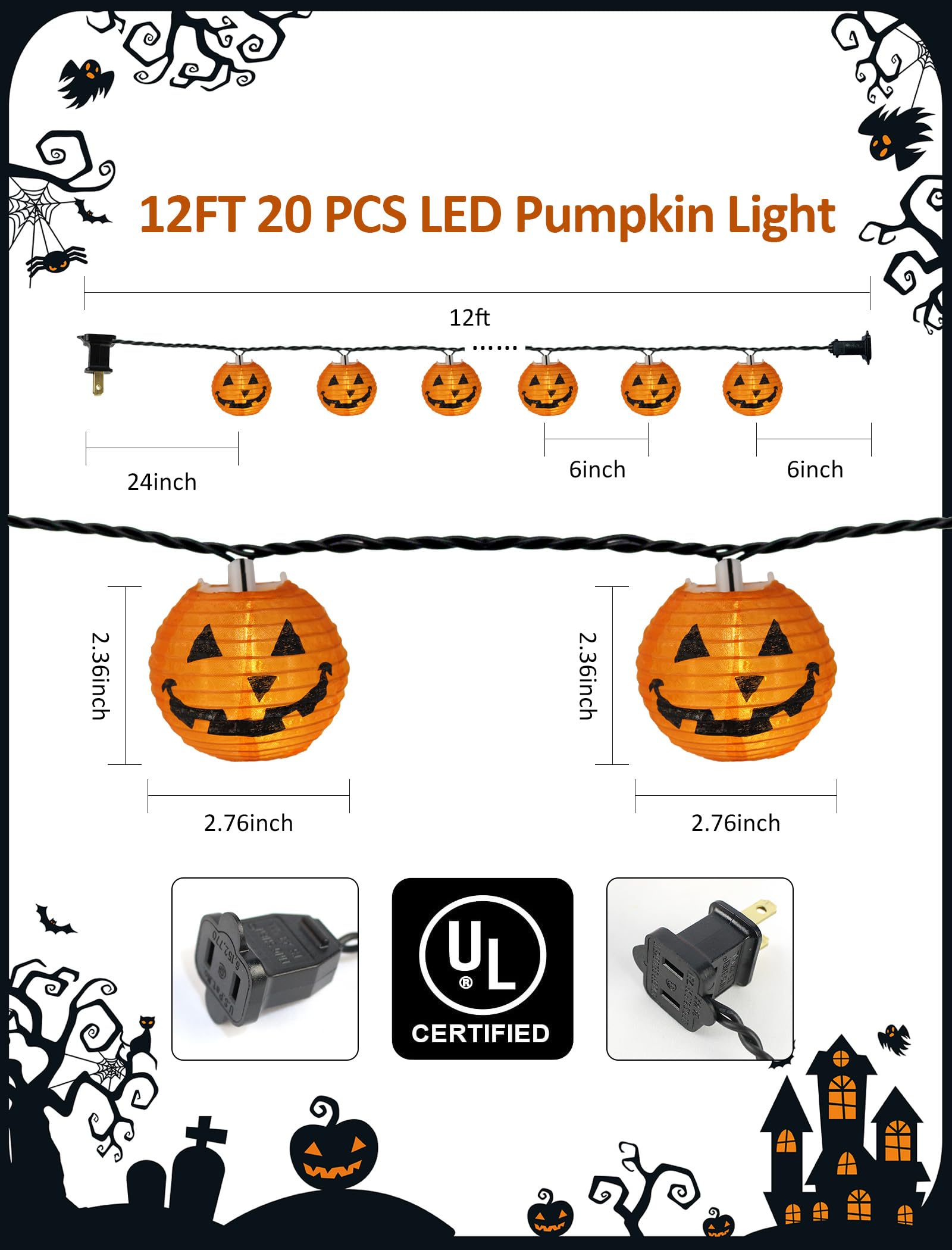 Hobbynors Pumpkin Lantern String Lights, 12ft, 20 LED, Warm Orange, UL Certified for Indoor & Outdoor Use