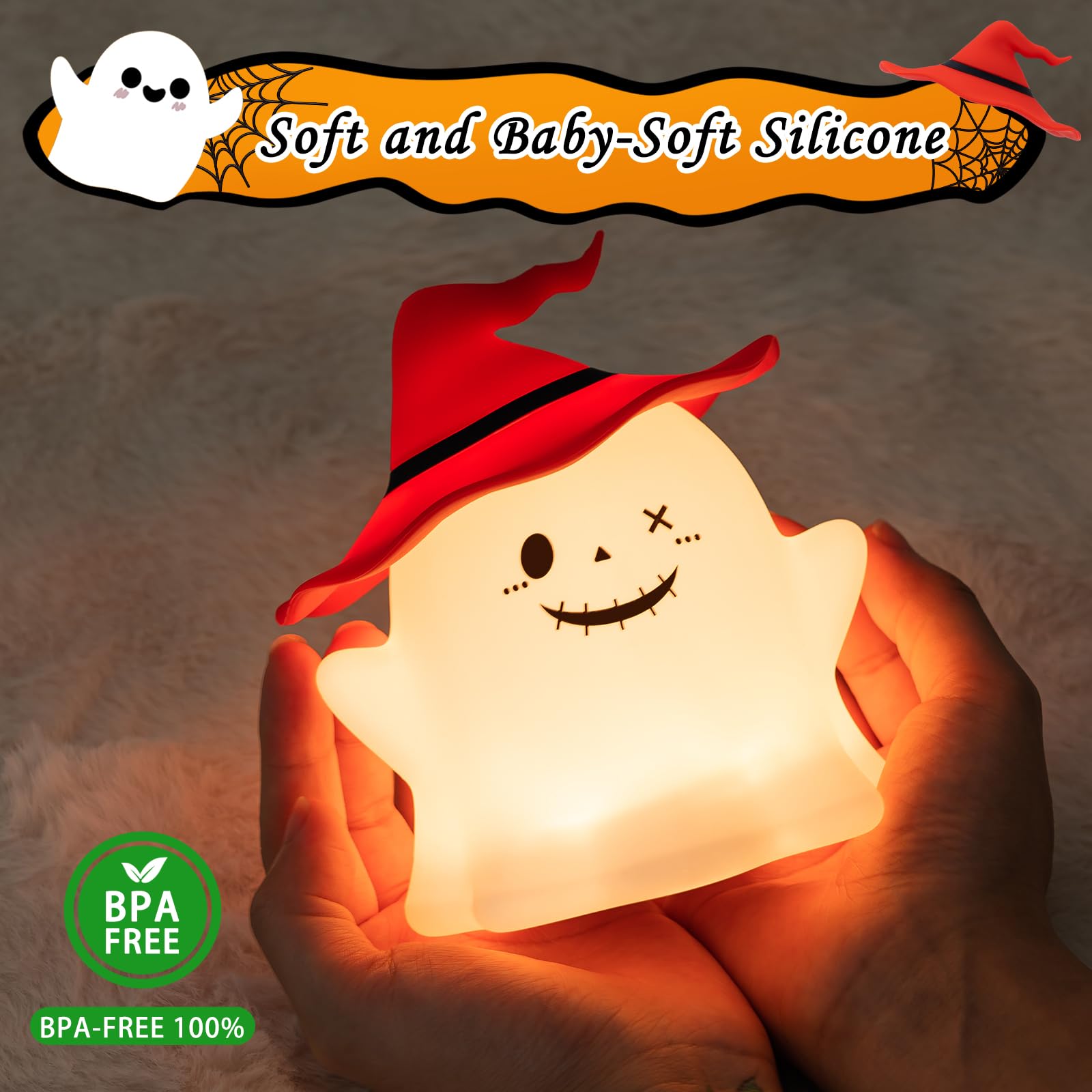 UMLAEN Cute Ghost Silicone Night Light for Kids, Rechargeable Bedside Lamp, Small Size, Red, Model HHDS080003002-R