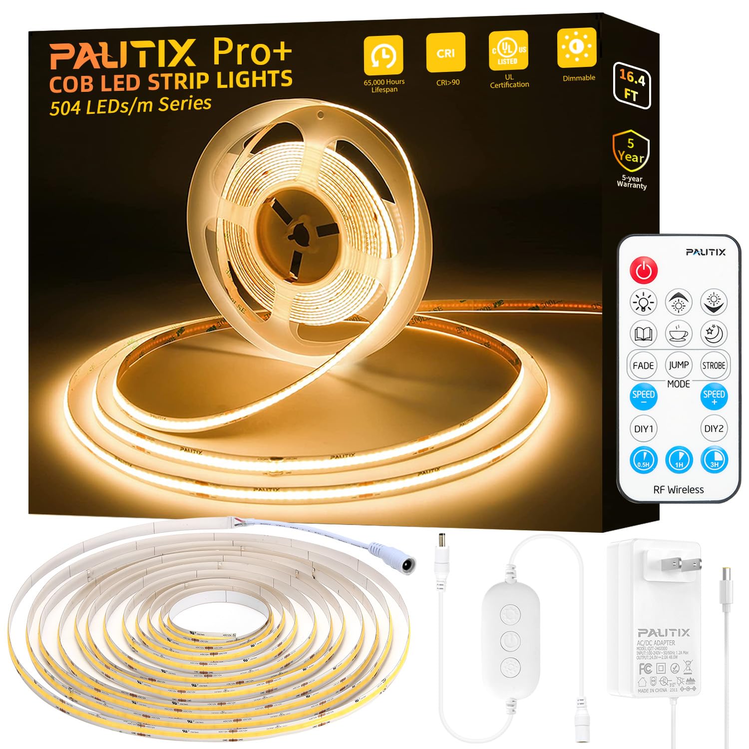 Pautix Cob Led Strip Light 2700K,16.4Ft Dimmable 2520Leds Dc24V Warm White Led Strip Lights,High Lumen Tape Lights Kit With Rf Remote Timer Function And 36W Power Supply For Home, Kitchen Diy Lighting