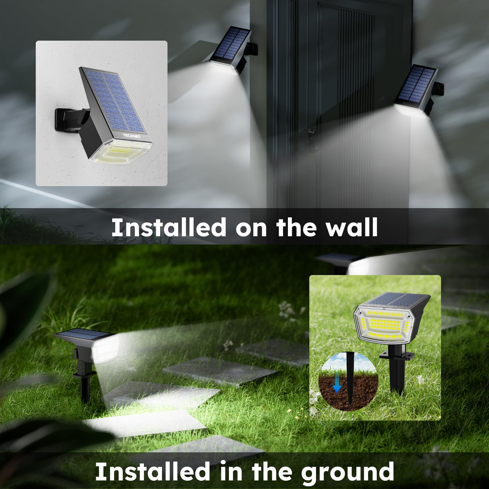 Tecknet Solar Lights Outdoor Waterproof Ip65, 59 Leds, 3 Lighting Modes, 2-In-1 Solar Security Lights, Landscape Lights For Outs