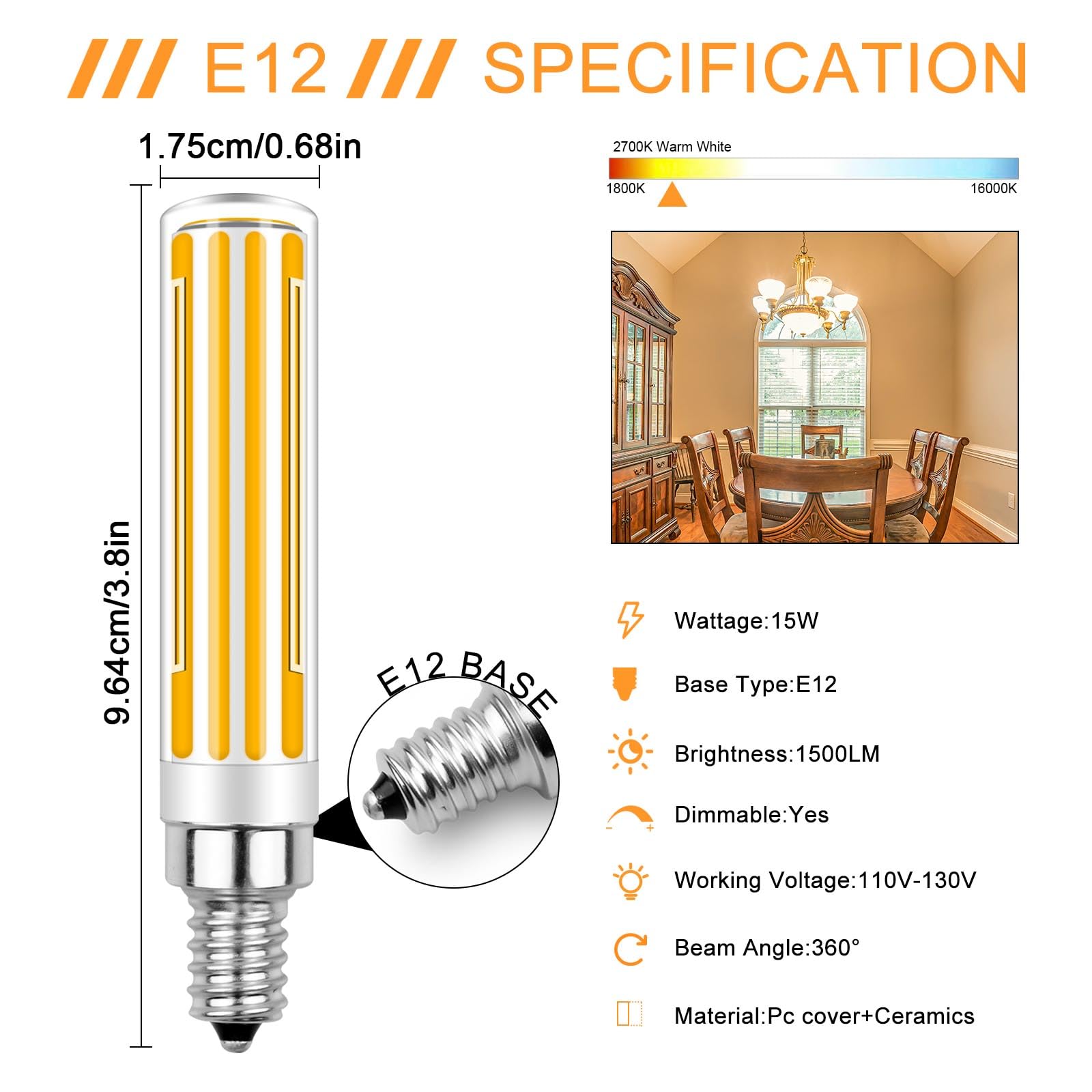 ZHENMING E12 LED Bulbs, Dimmable 15W 1500LM, Warm White 2700K, Pack of 4, Model ZM-4TX102F