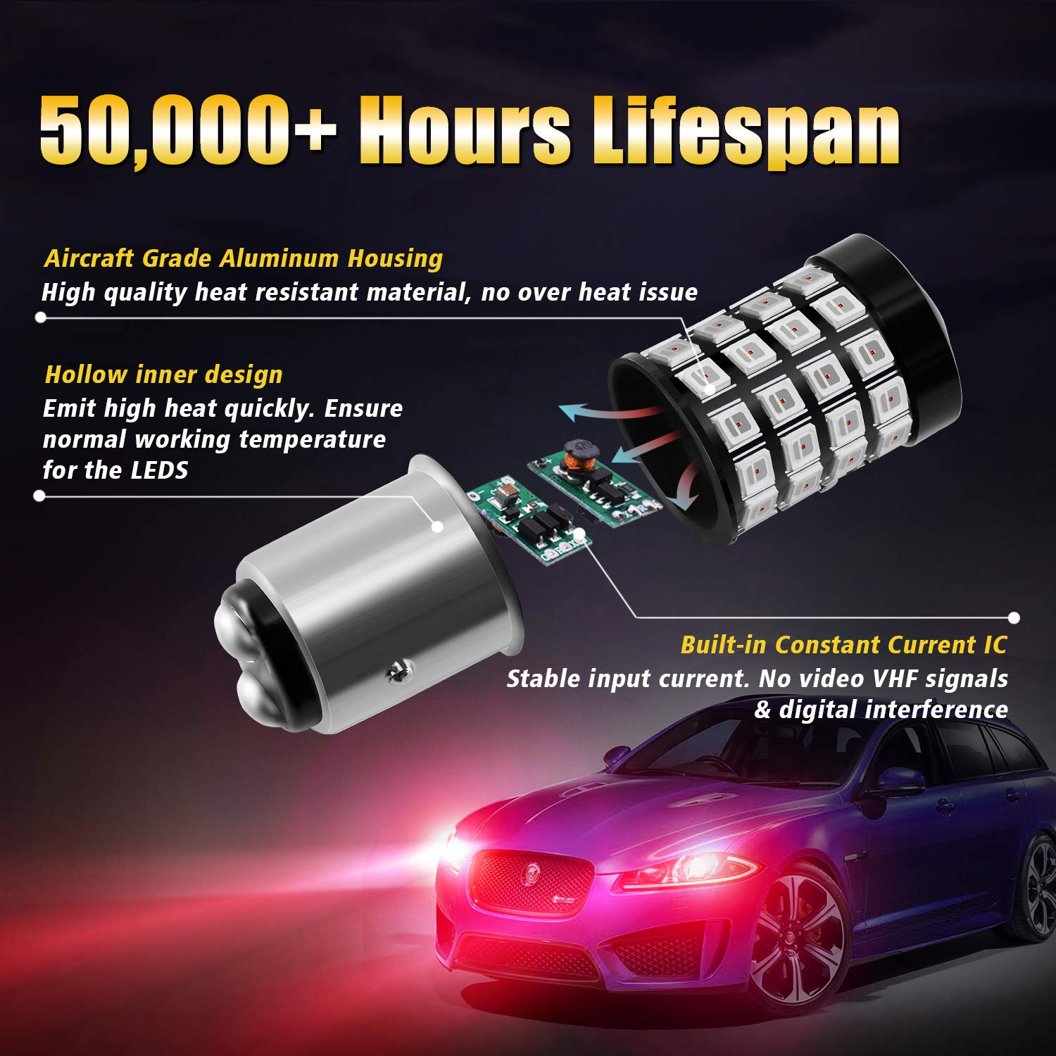 BRISHINE 1157 LED Brake Light Bulbs, Super Bright 52-SMD, BAY15D, Brilliant Pure Red, Model SHINE-FLA1157R-2P (Pack of
