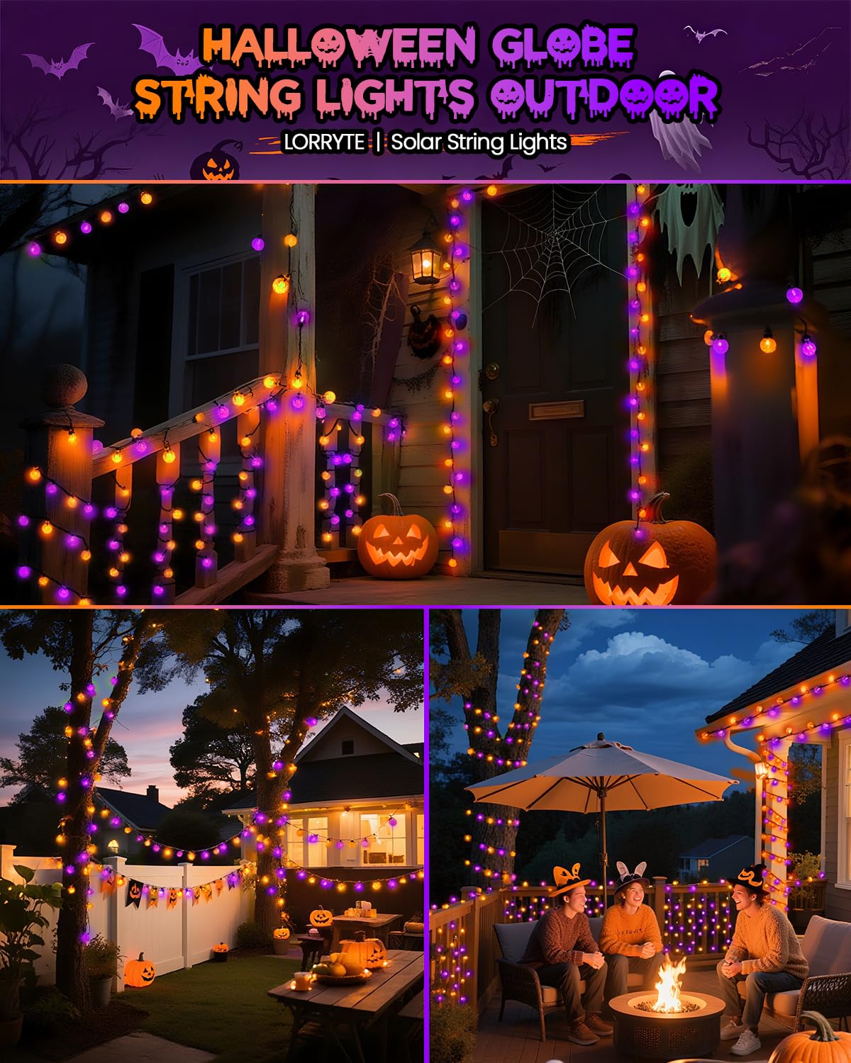 LORRYTE Solar Globe String Lights, 100 LED, 64FT, Purple & Orange, 2-Pack, Waterproof, 8 Lighting Modes for Halloween Outdoor Decorations