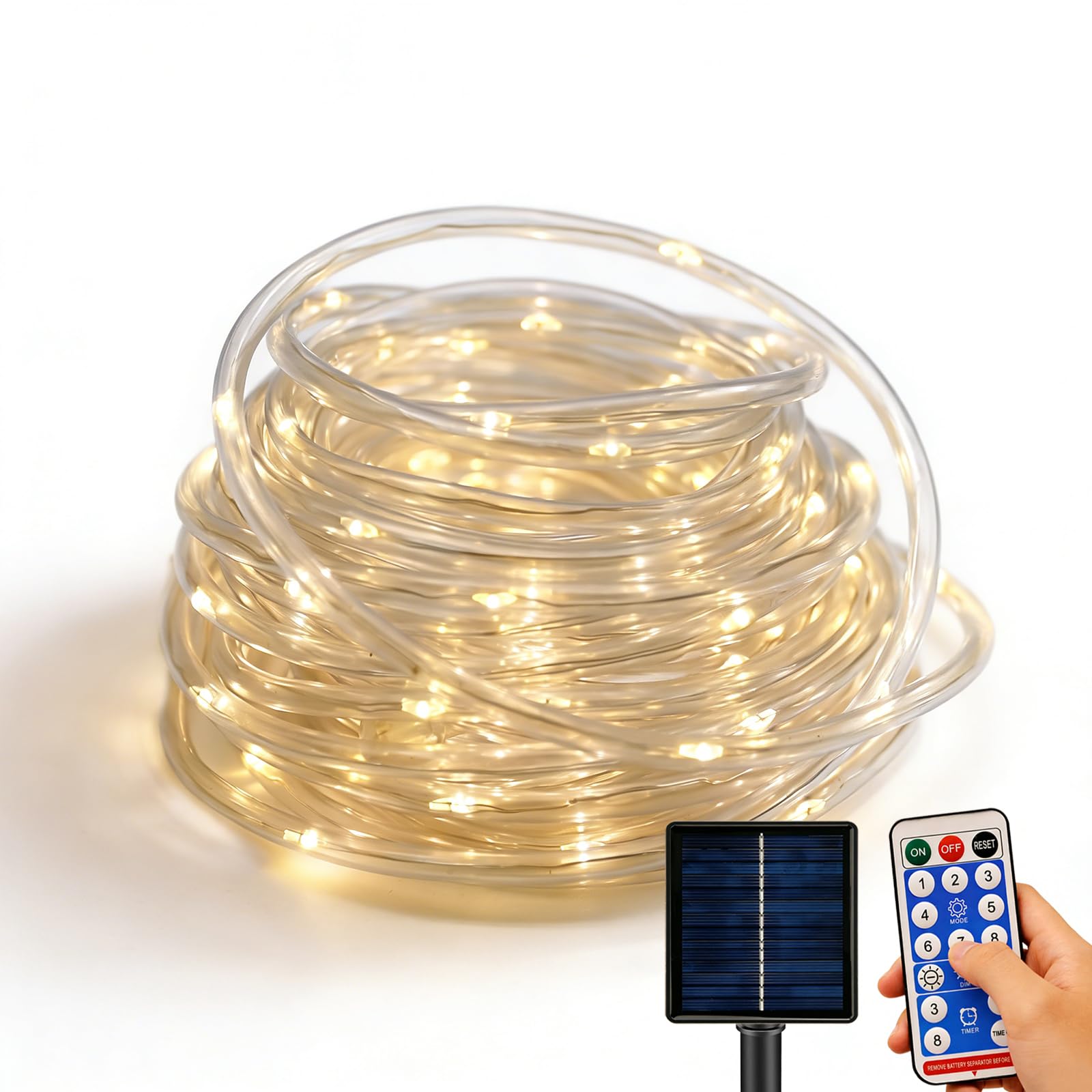Clearzen Solar Rope Lights Outdoor - 66Ft Waterproof 200 LED Fairy String Light with Remote, Timer & 8 Modes, Tangle-Free Warm W