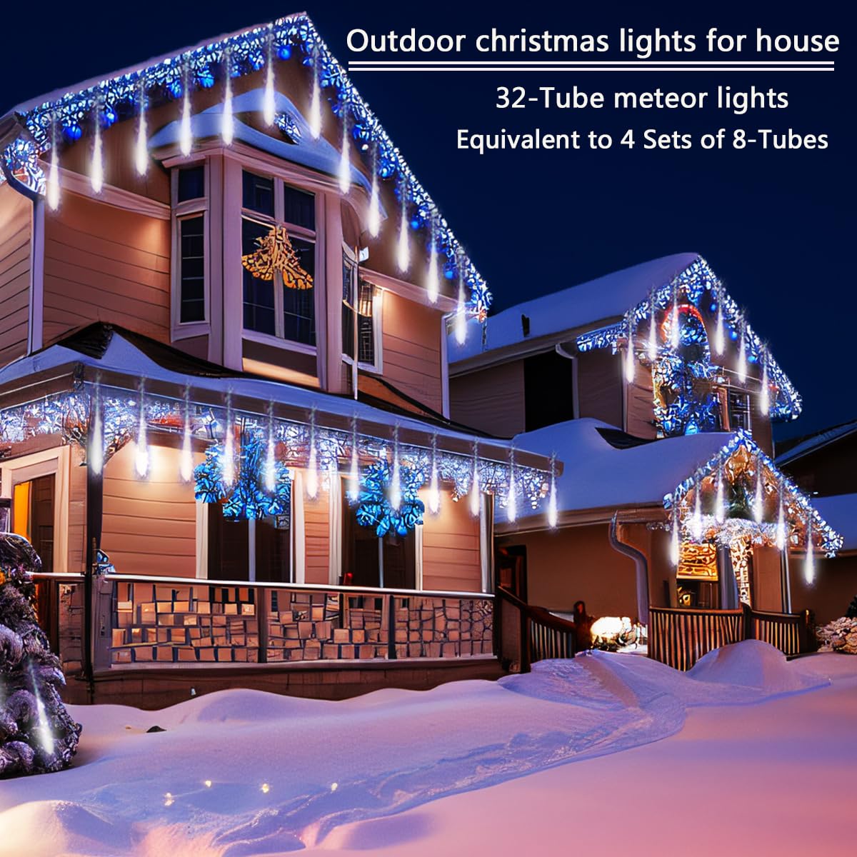 Christmas Decoration Outdoors- 32 Tubes (Equivalent To 4 Sets Of 8-Tubes) Meteor Shower Rain Lights, White Falling Rain Lights F