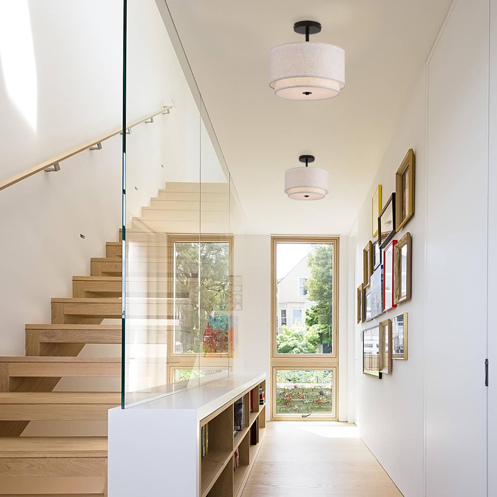 Vexagyle 12.6Inch Flush Mount Ceiling Light Fixture,3-Light Modern Close To Ceiling Light With 2-Layer Linen Fabric Shade,Farmho