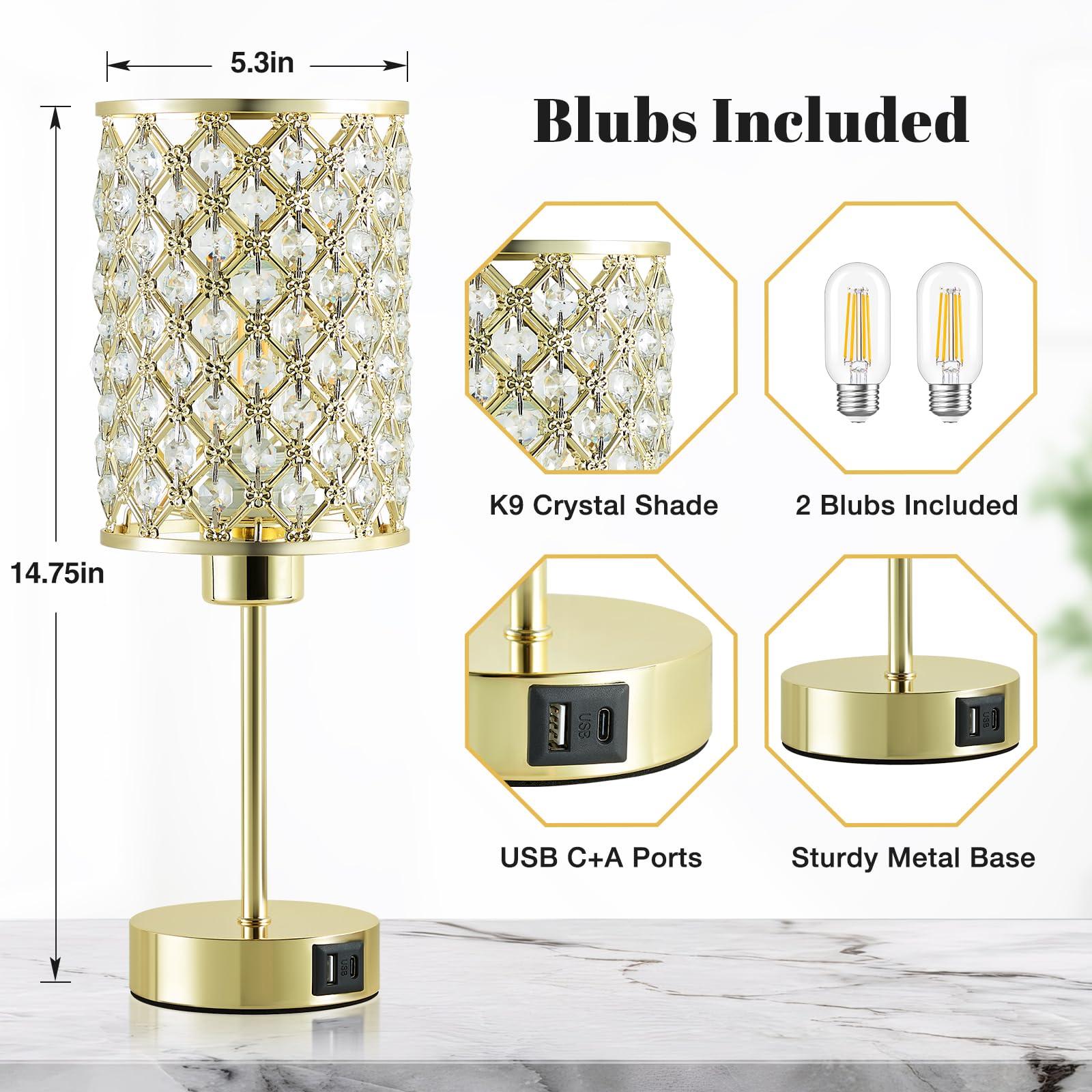 Crystal Table Lamps Set Of 2, Gold Touch Lamp For Nightstand With Usb C+A Ports, 3 Way Dimmable Small Bedside Lamp With Crystal