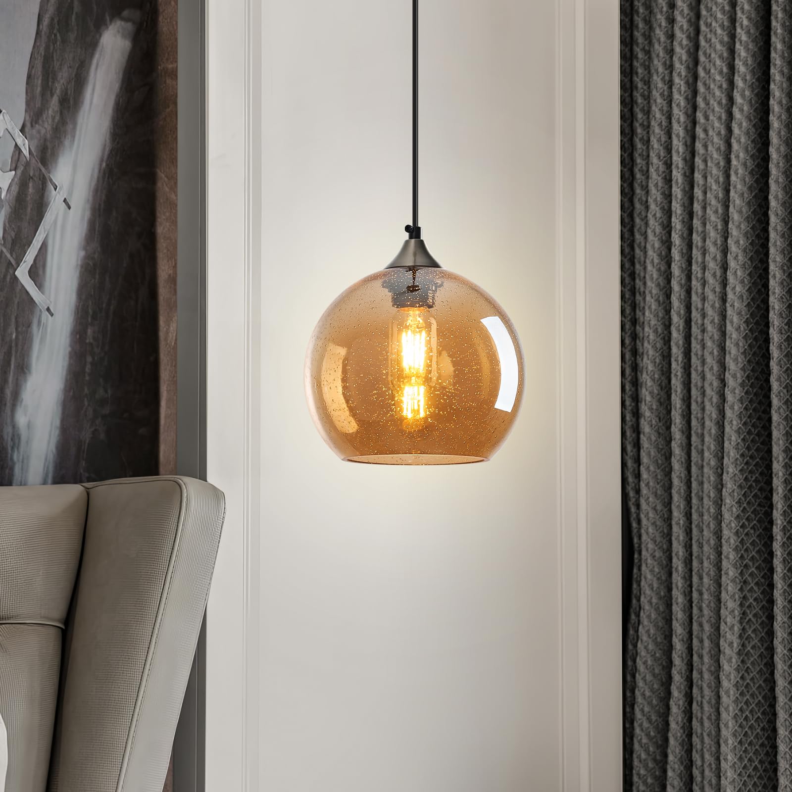 LBSQJ Amber Glass Pendant Lights - Modern Globe Lighting for Kitchen Island, Bedroom, Dining Room - 7.87in, 3 Pack, Model LBSQJ-460