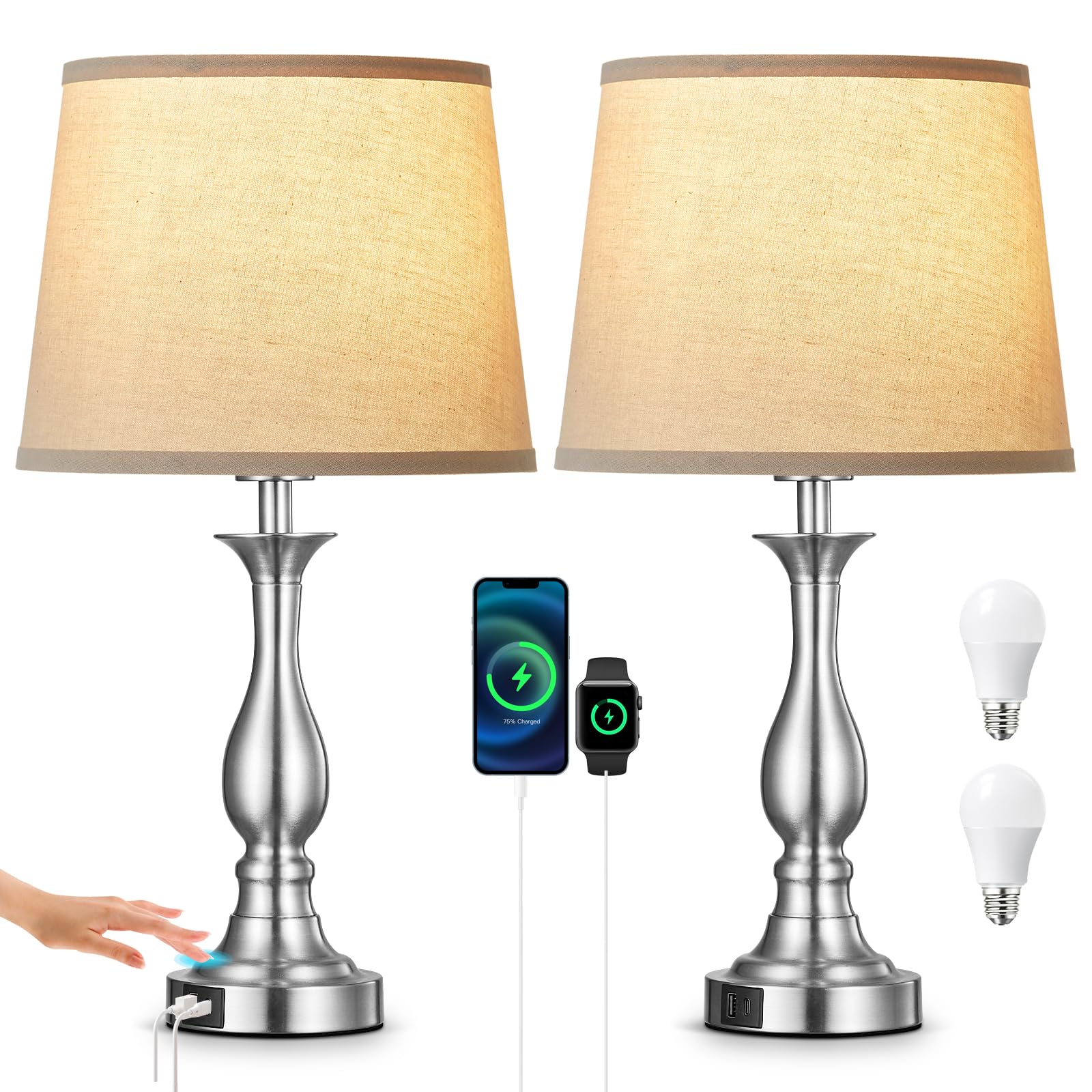 Lauag Bedside Table Lamp Touch Control 3 Way Dimmable with USB-C/A, Standard Size, Silver, Set of 2, Model L901