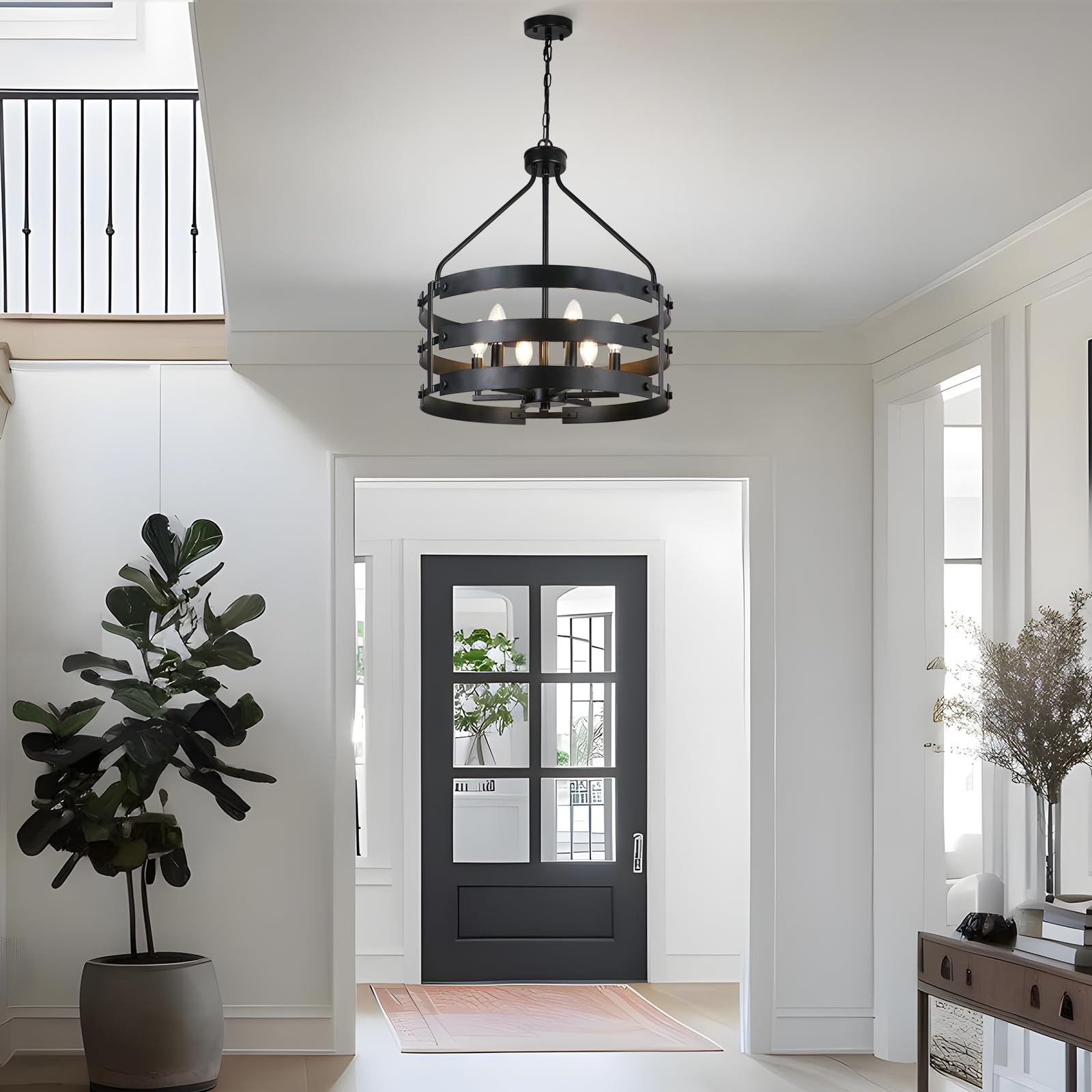 Kmaipem 6-Light Black Chandelier For Dining Room Light Fixture, 18.5'' Farmhouse Drum Chandeliers, Modern Industrial Metal Hangi