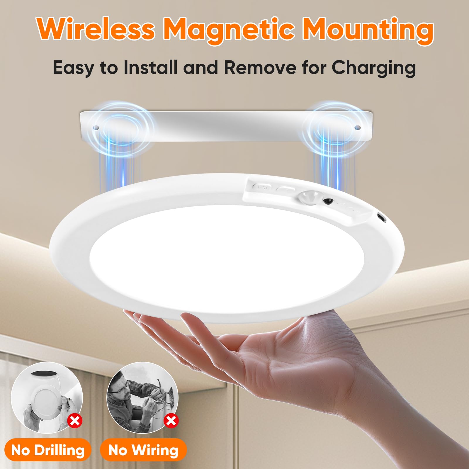Rechargeable Motion Sensor Ceiling Light With Remote, Battery Operated Ceiling Light No Wiring, Wireless Led Ceiling Light, 3 Co