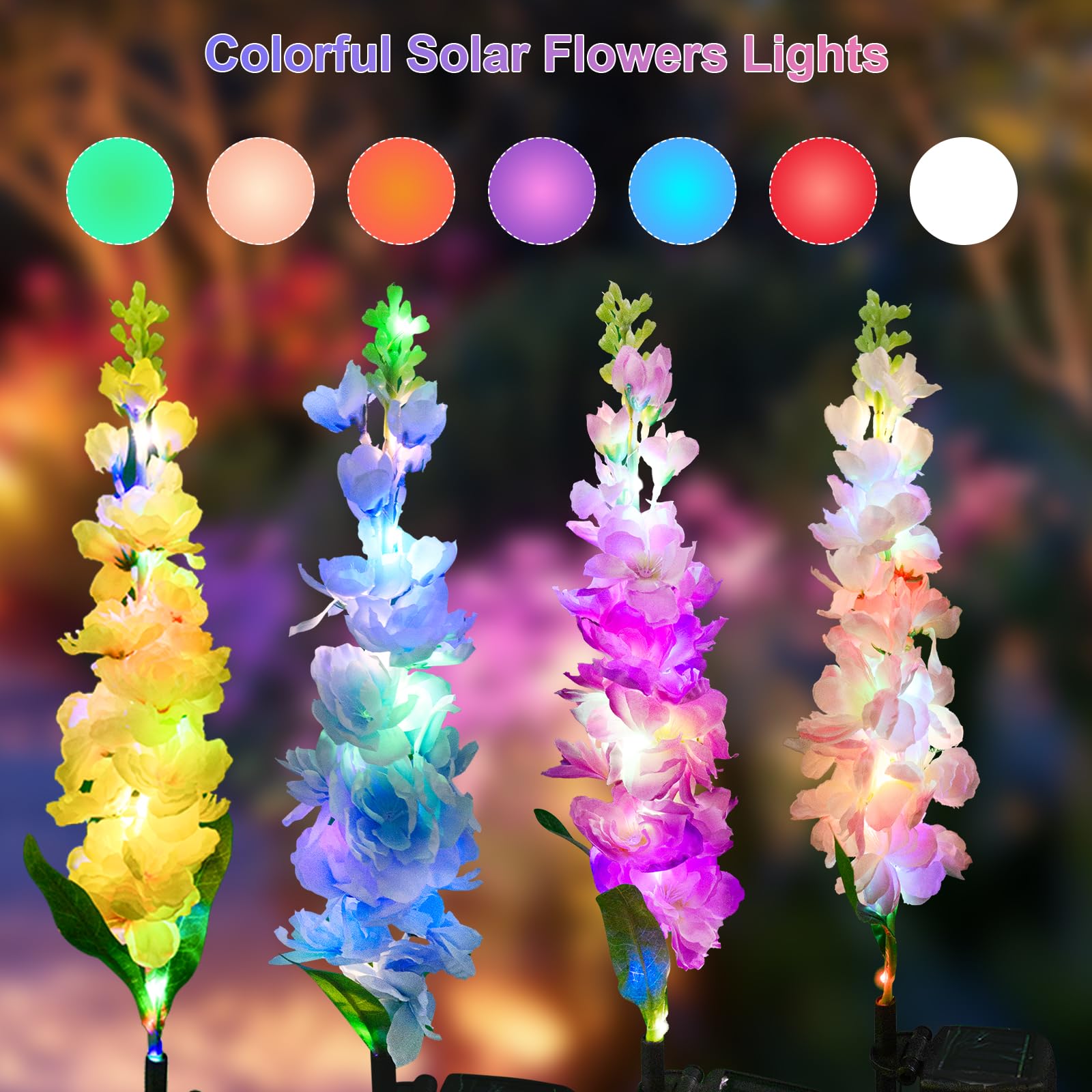 Solar Garden Lights, Solar Delphinium Flowers Lights Outdoor Garden Lights Solar Powered 4 Pack 80 Leds, Yard Decorations Outdoo