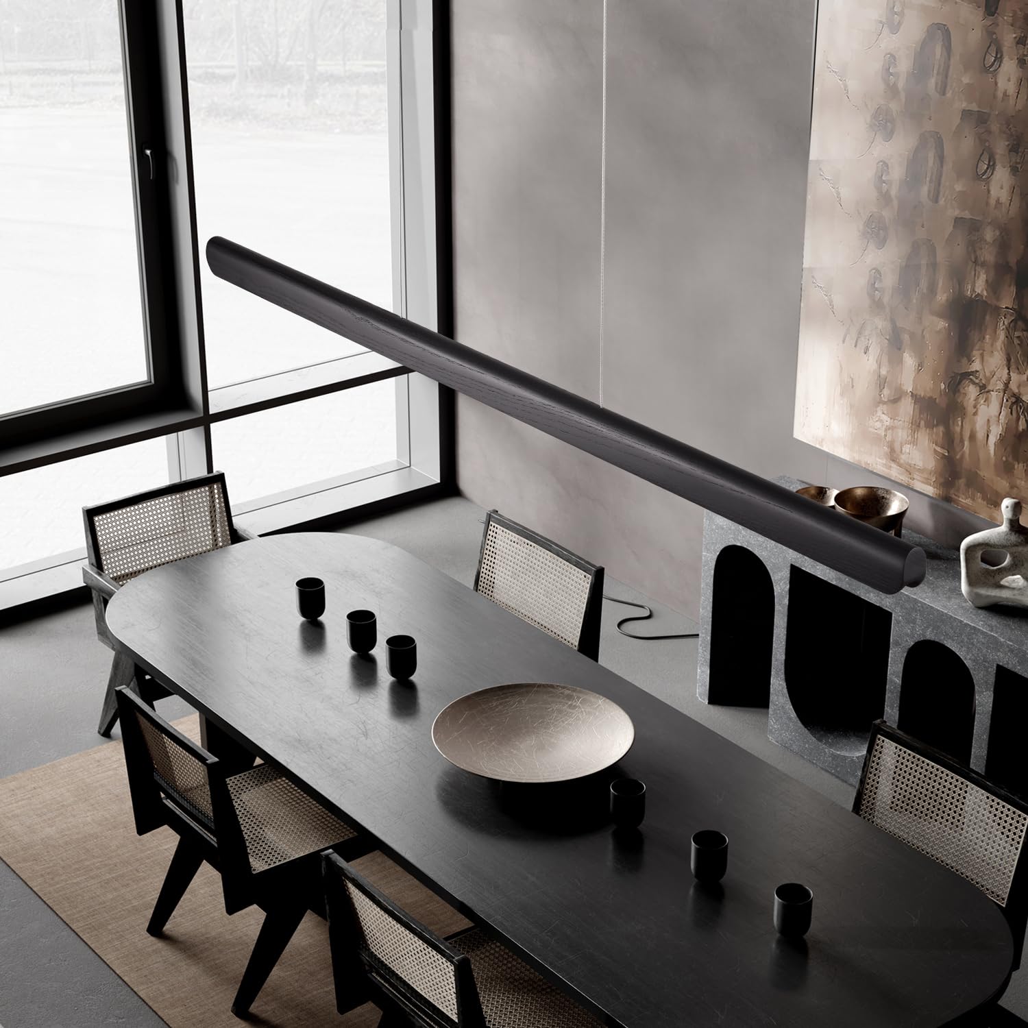 Yisdesign 47Inch Wood Led Linear Pendant Light  Dimmable Wood Ceiling Lamp Minimalist Linear Chandelier  36W Warm Light 3000K  Modern Kitchen Island Dining Room Lighting Black Adjustable Height