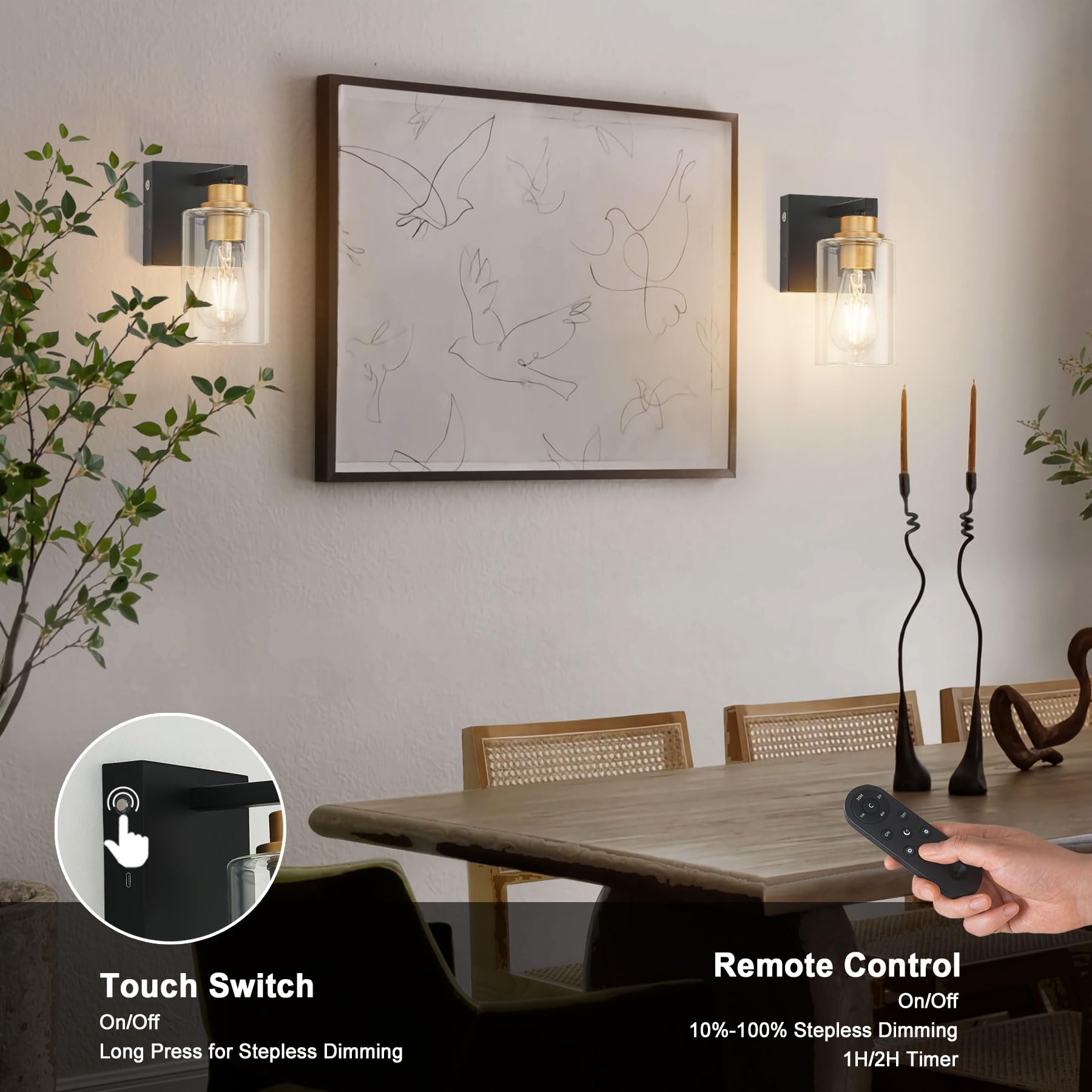 Set of 2 Battery Operated Wall Sconce with Remote Control, Wireless Rechargeable Sconces Wall Decor with Clear Glass, Black & Go