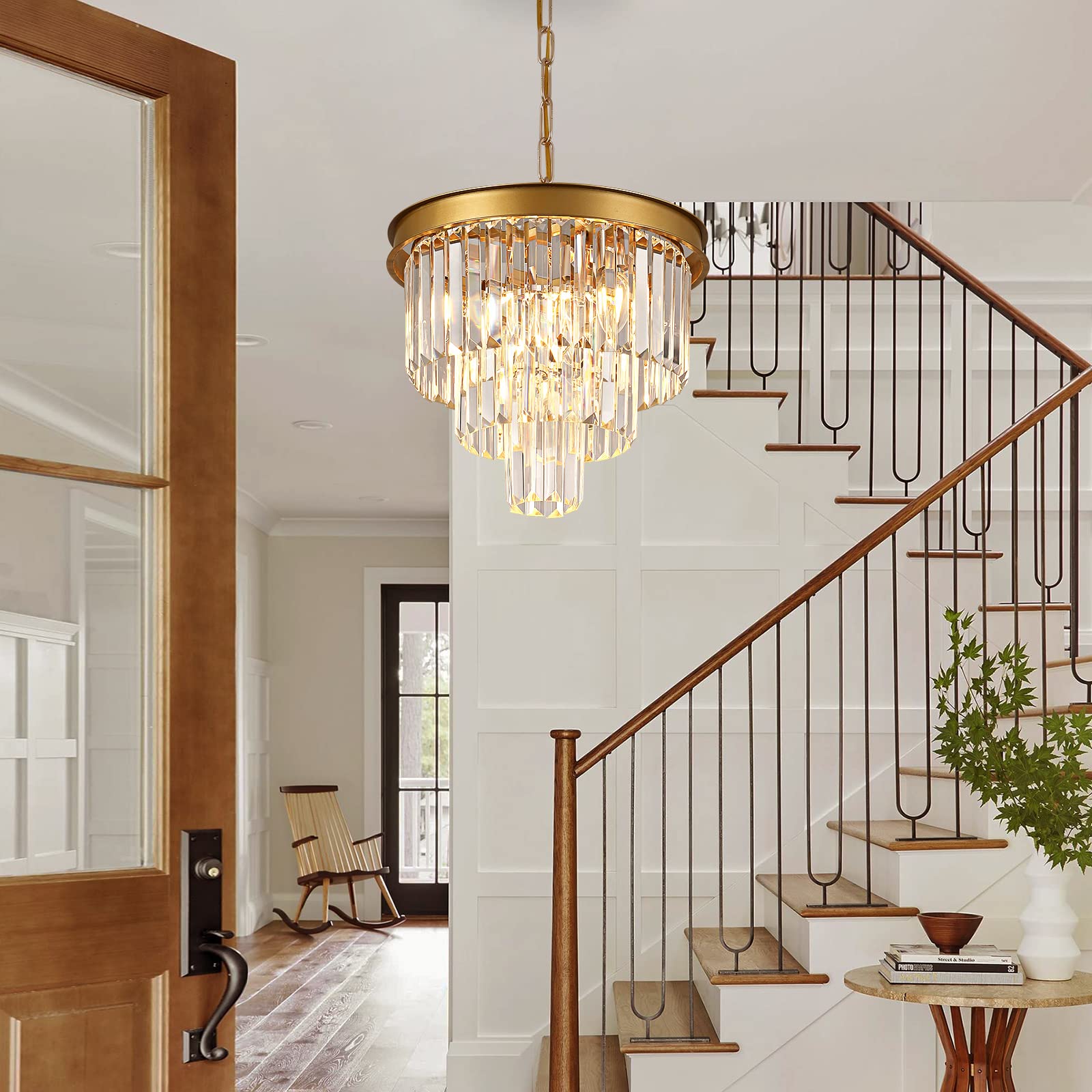 A AXILIXI Gold Crystal Chandelier 16" Modern Dimmable Ceiling Light Fixture for Dining Room, Foyer, Kitchen Island, Model DH88318-400