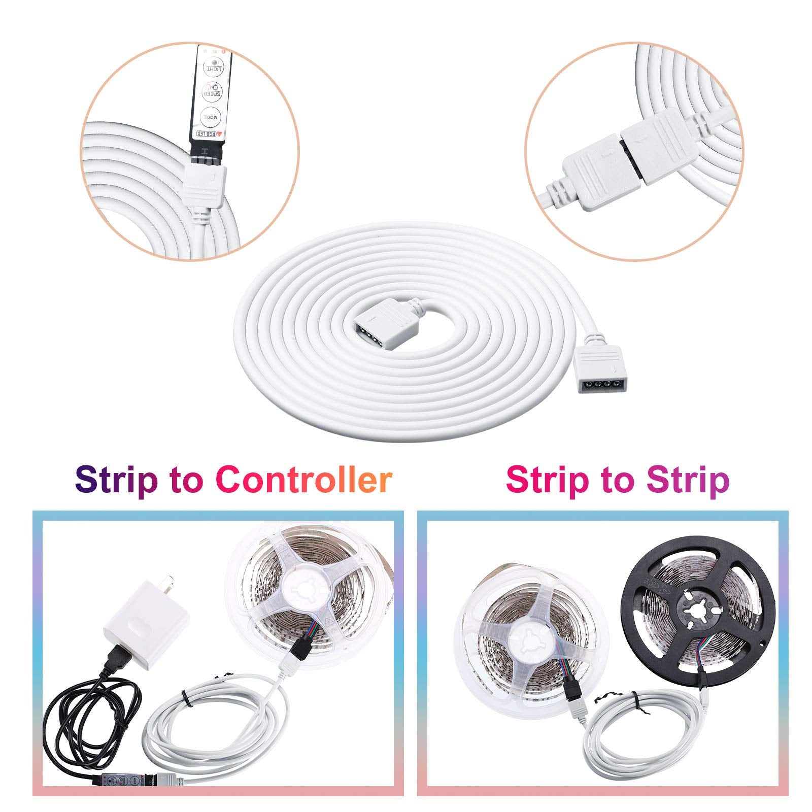 Honoson 6 Pieces 4 Pin RGB Extension Cable Kit, Solderless Jumper Cables with 12 Pin Connectors, White, 1.6 FT, 3.3 FT