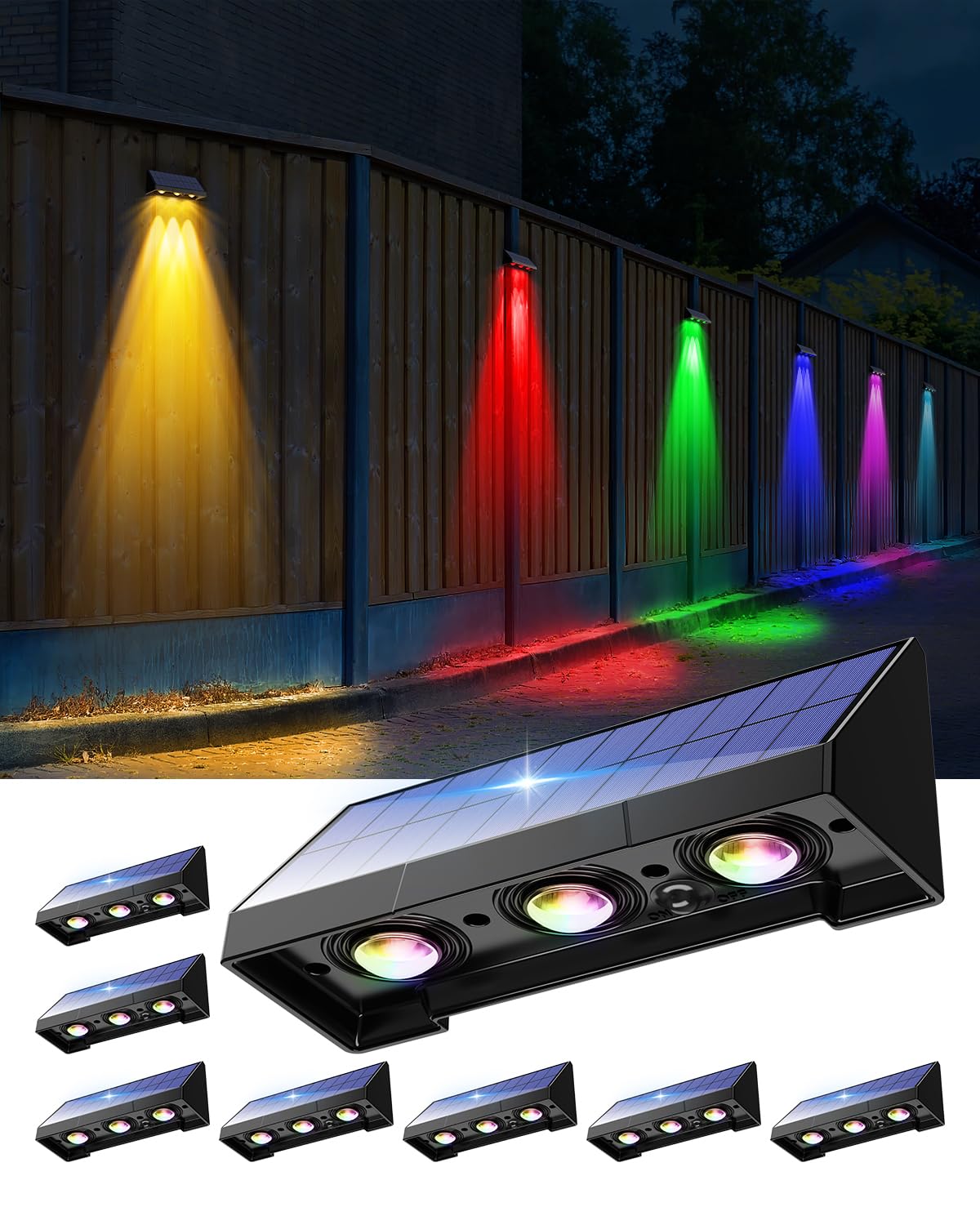 GVSHINE 8 Pack Color Changing Solar Powered Fence Lights LED Waterproof for Outdoor Use, RGB & Warm White, Plastic