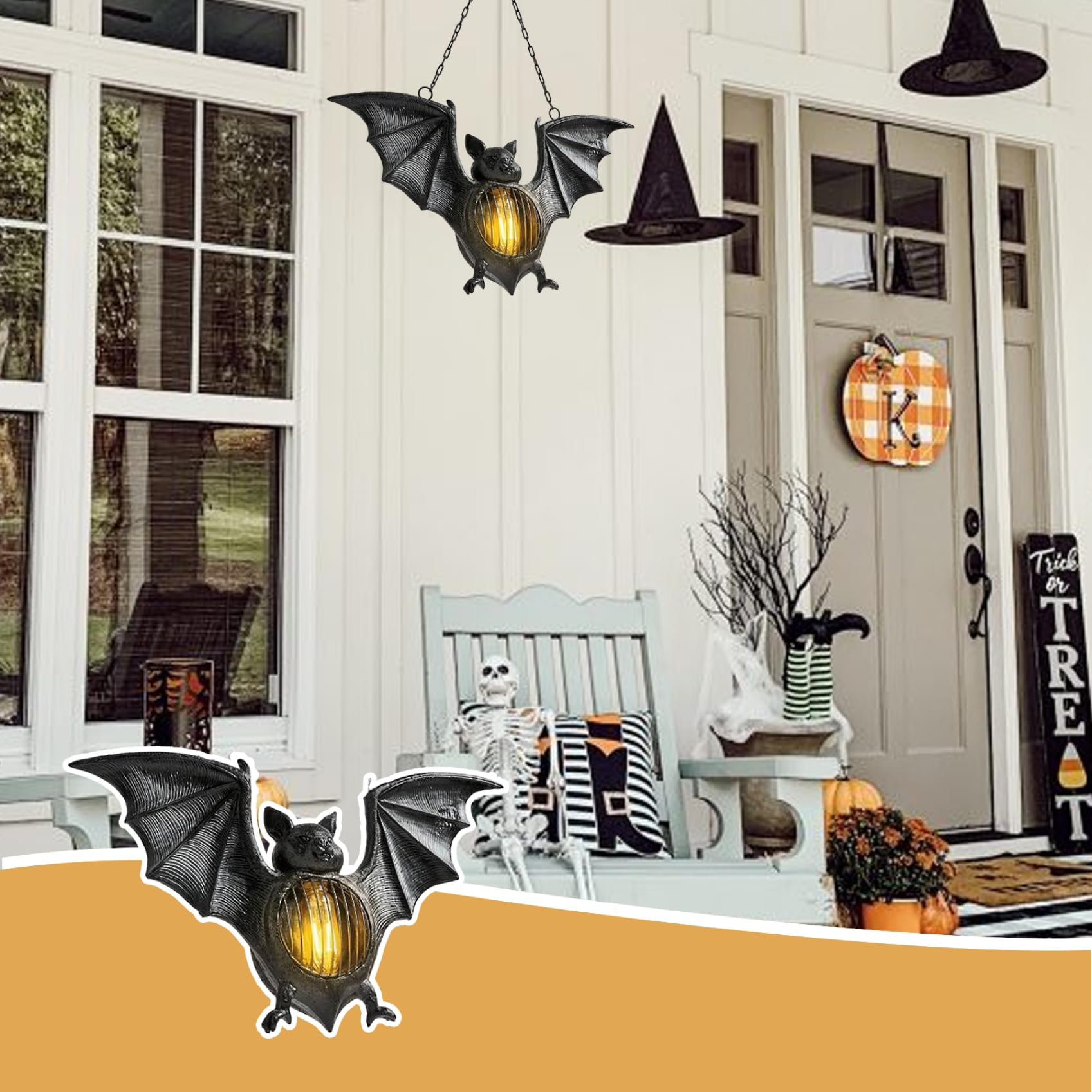 Bat Lights 3 Pcs Halloween Lantern Easy Hanging Creepy Bat Light Outdoor LED Bat Figurine Decor Light up Haunted House Wall Lamp