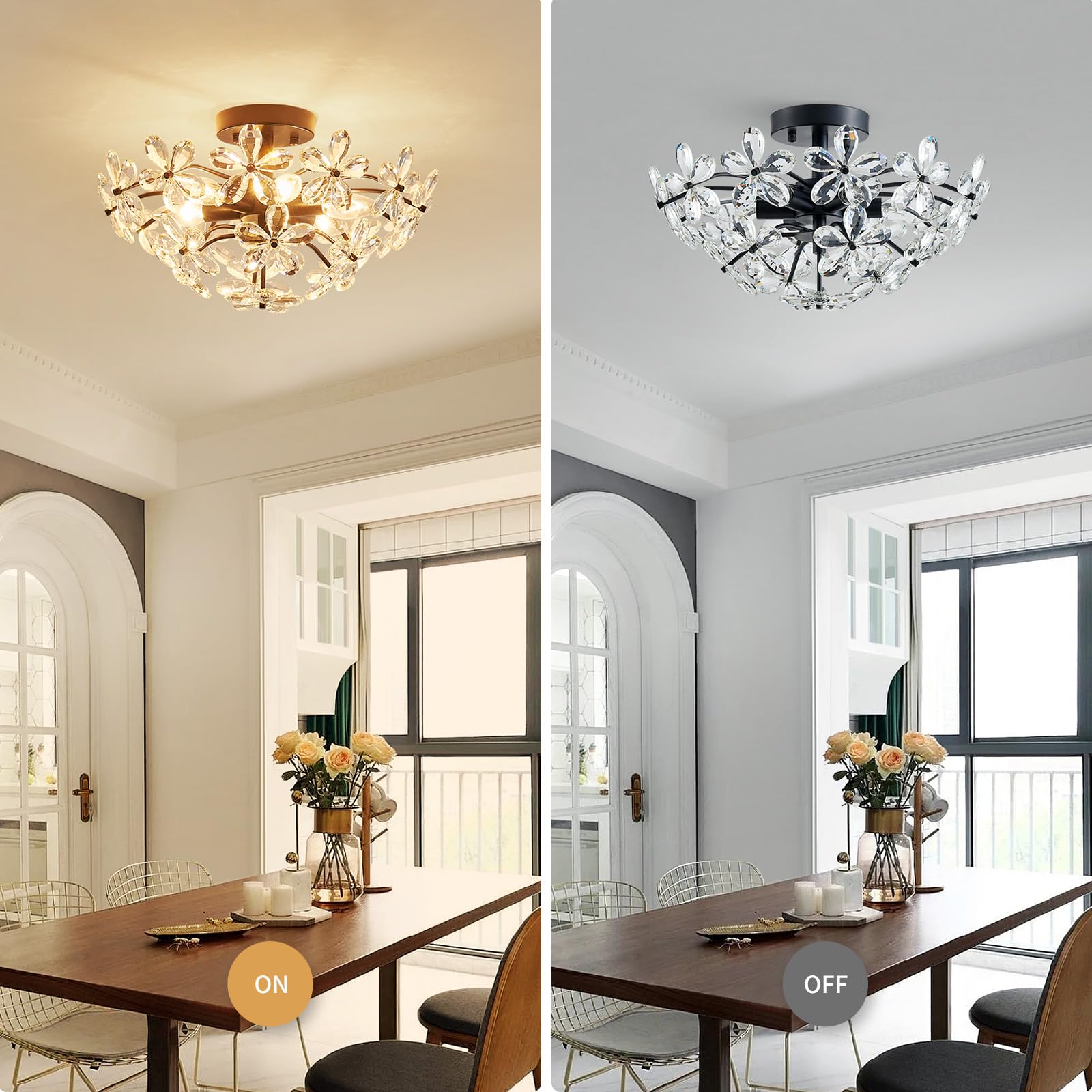 WUZUPS Crystal Chandelier Flushmount Ceiling Light, 8.9in H x 17.7in W, Black, Metal, 6 Lights, Model USHD90013C-B