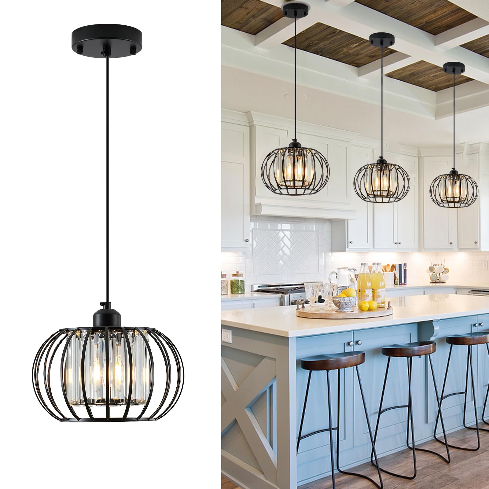 Xsdetu Black Pendant Light Fixture, Farmhouse Hanging Lights With Crystal, Adjustable Mini Kitchen Pendant Light, Modern Industrial Metal Wire Caged Hanging Pendant Lamp For Living Room, Bedroom