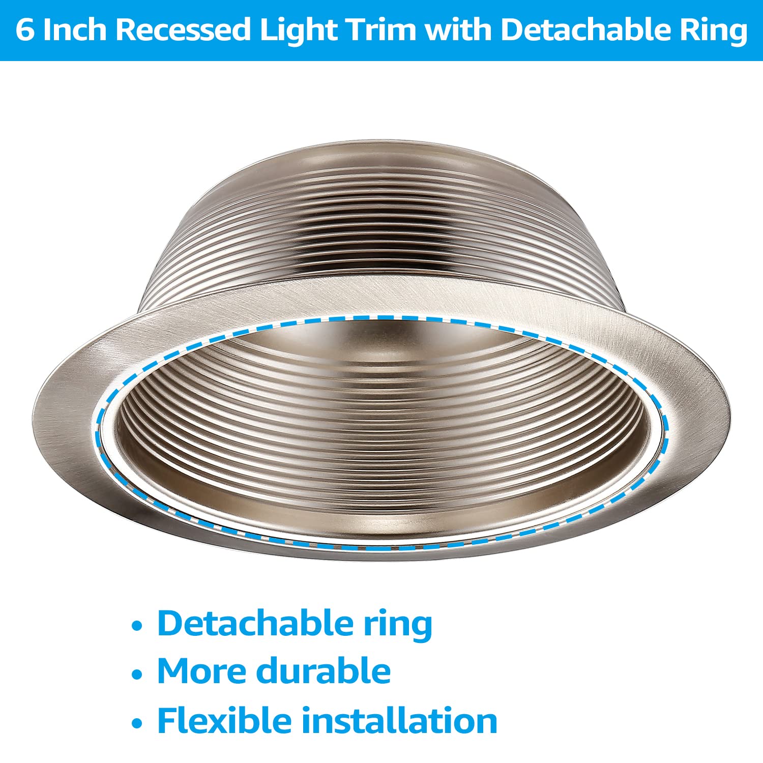 Torchstar 6 Inch Stylish Decor Recessed Can Light Trim, Step Baffle With Detachable Ring, Full Metal, For 6 Inch Recessed Can, Fit Halo/Juno Remodel Recessed Housing, Satin Nickel, Pack Of 6