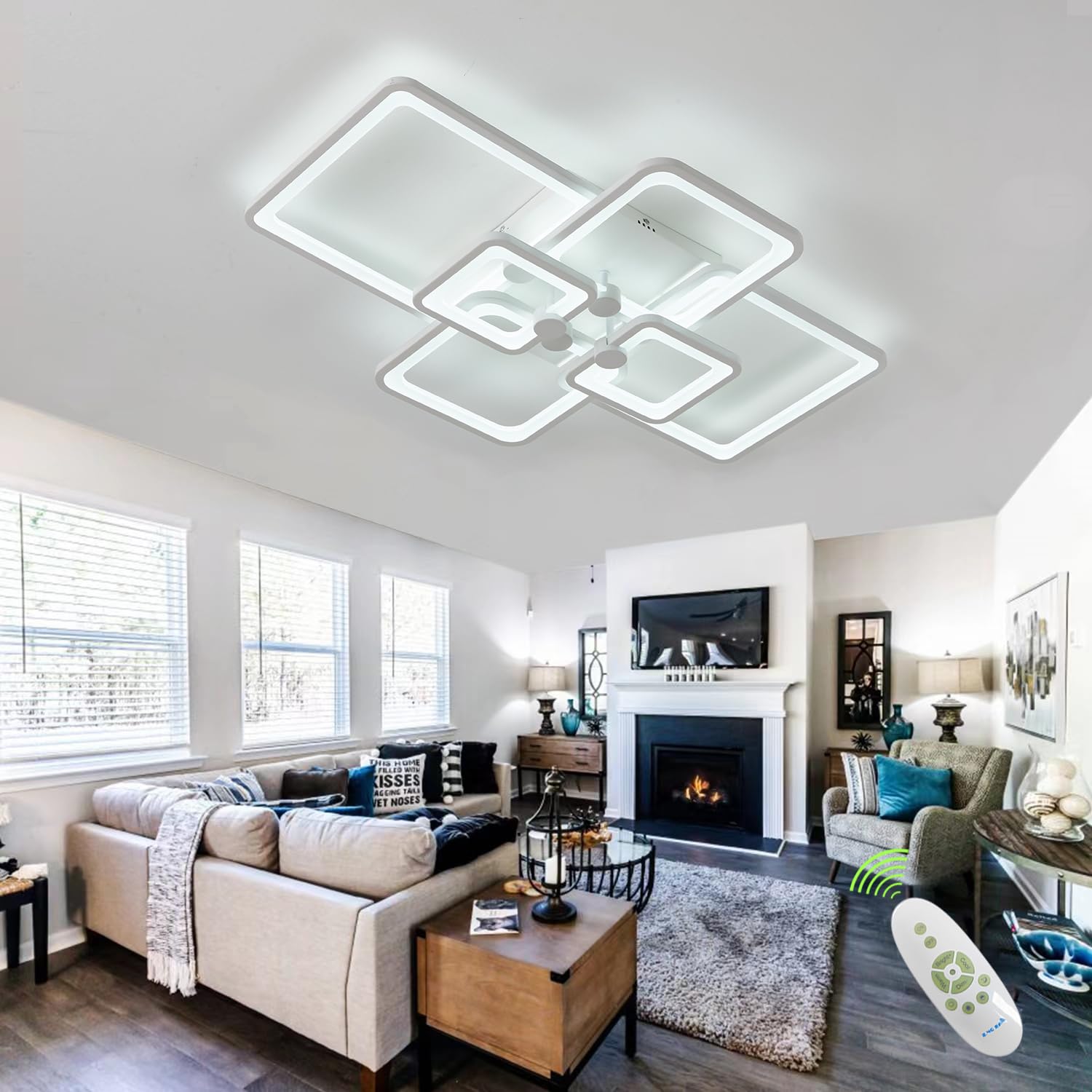 SITAFU Dimmable Ceiling Lamp with Remote, 6 Light, White, 3000K-6500K, Modern Flush Mount Lighting Fixture, Model EB-001-6Sqr