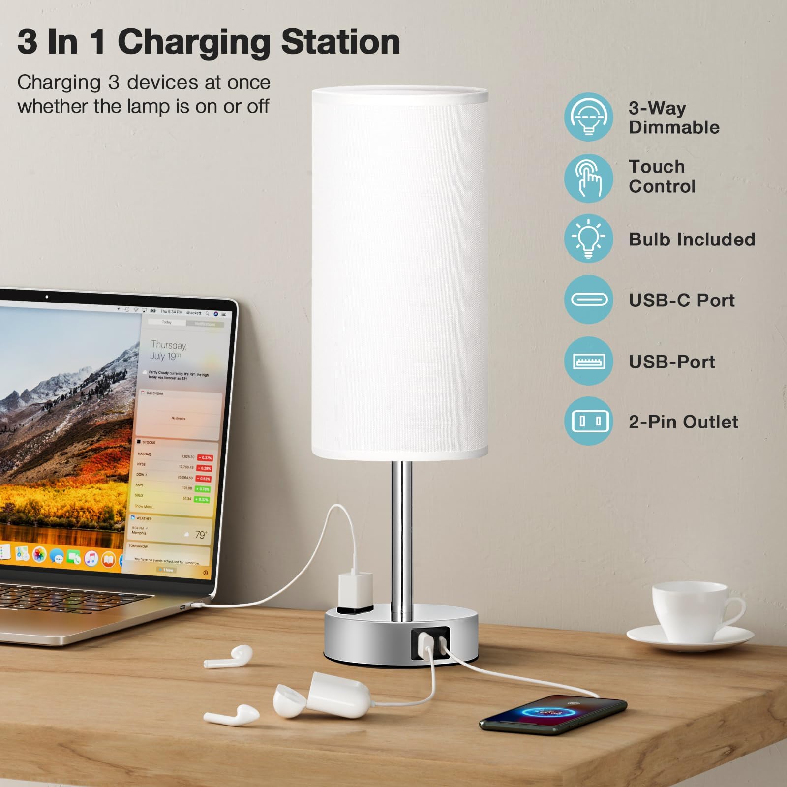Fenmzee White Touch Bedroom Table Lamp - 3 Way Dimmable Bedside Lamp Usb C A Charging Ports And Ac Outlet, Small Lamp Nightstand