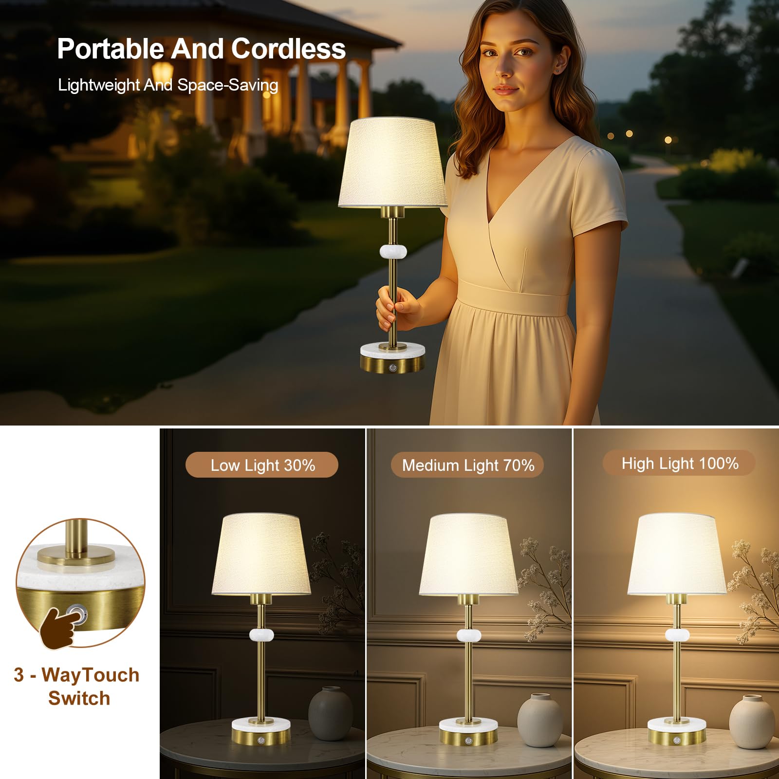 Gold Cordless Table Lamp Set Of 2 With Touch Dimmer,Rechargeable Table Lamp With Linen Shade,4400Mah Rechargeable Battery Powere