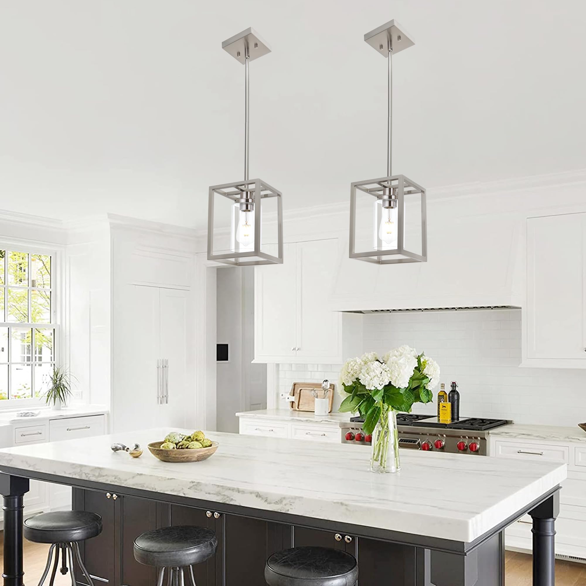 MELUCEE 2 Pack Modern Pendant Light Fixtures, Brushed Nickel, 6.7", Metal, 1-Light Small Chandeliers with Clear Glass Shade