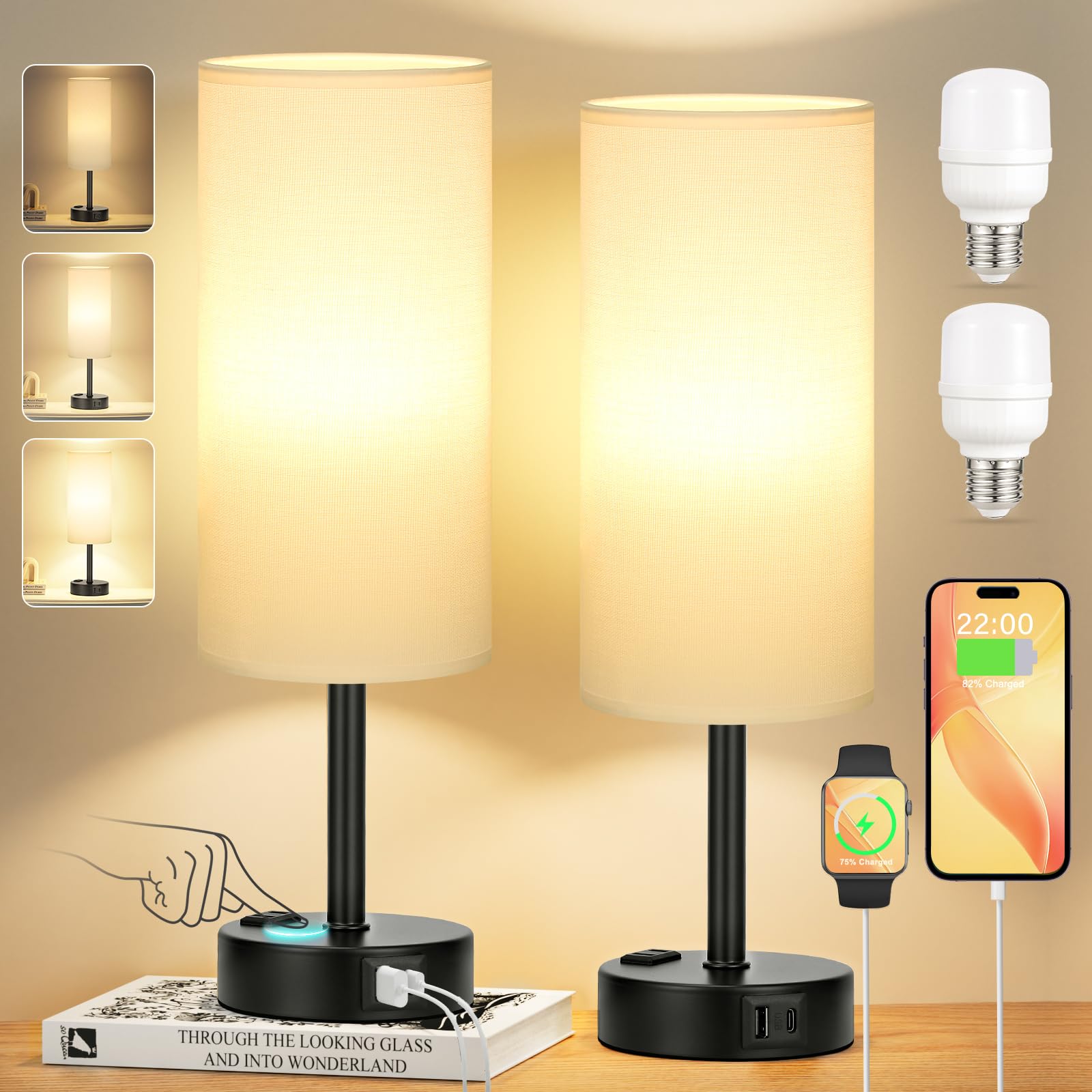 White Bedroom Lamps Set of 2-3 Way Dimmable Touch Table Lamps with USB C and A Ports, Bedside Lamps for Nightstand with AC Outle