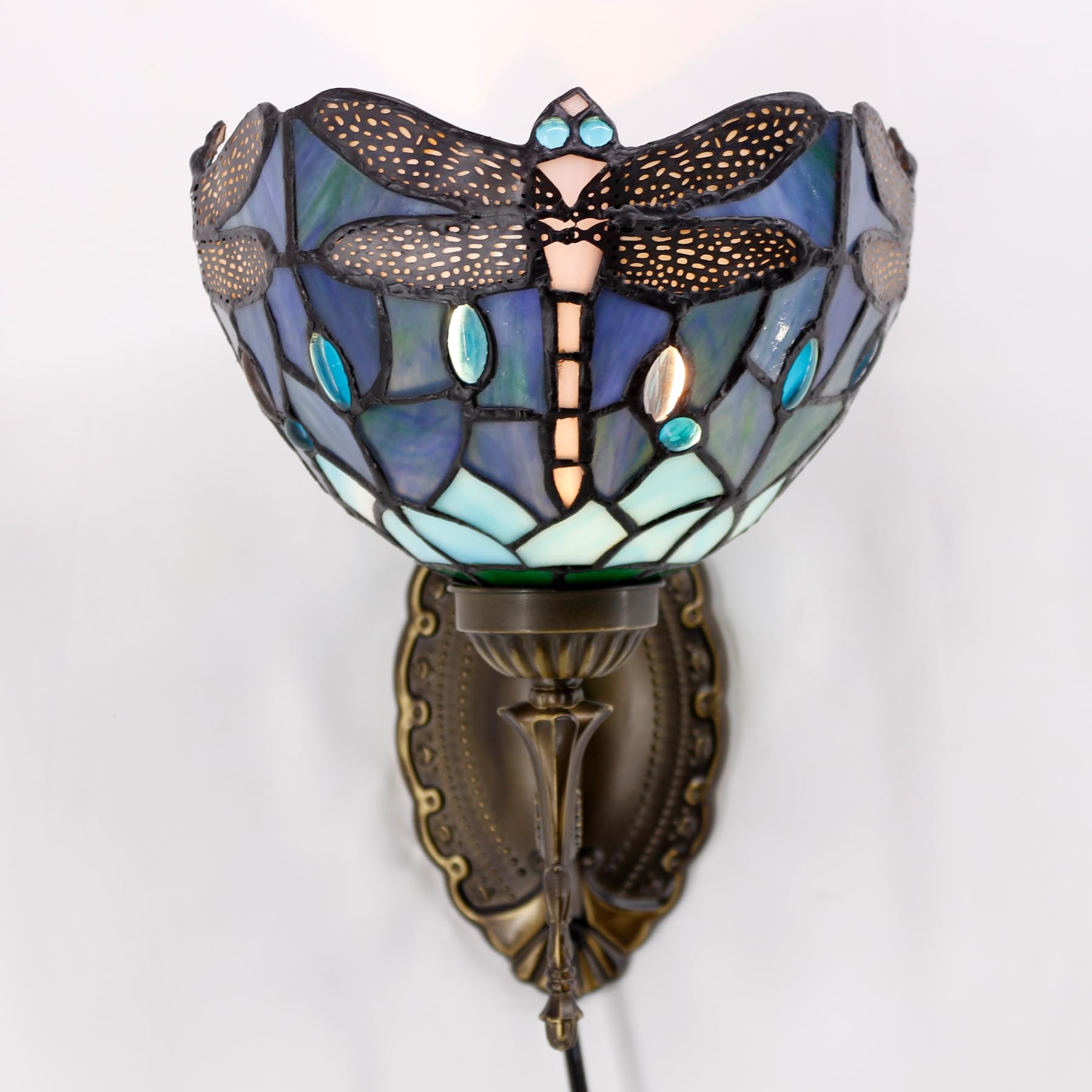 Avivadirect Tiffany Wall Sconce Lamp Plug In Or Hardwire Wall Light With 8 Inch Blue Dragonfly Stained Glass Lampshade 8X10.5X11