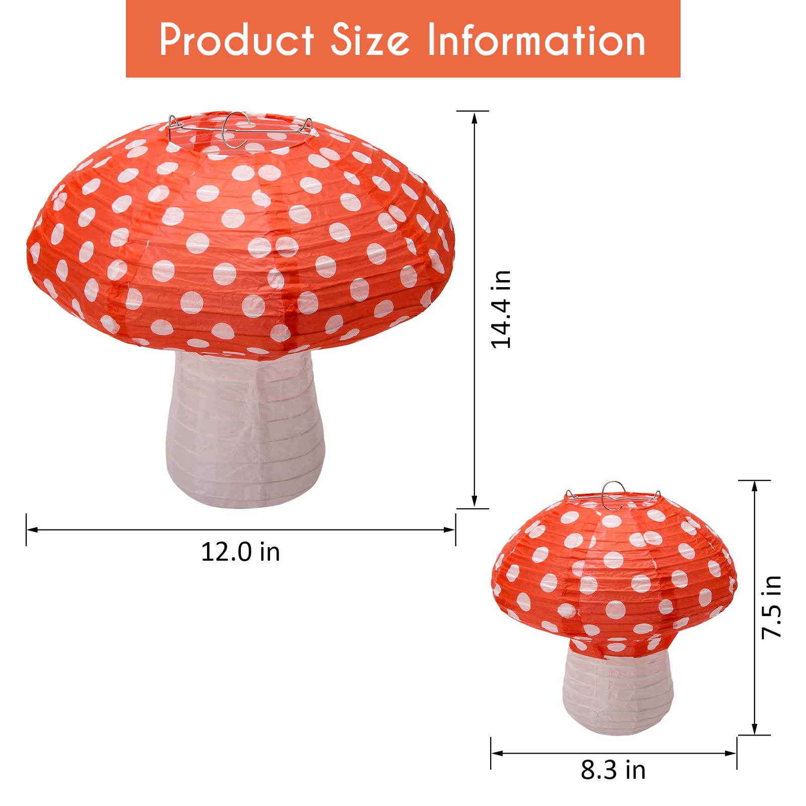 4Pcs Mushroom Shaped Paper Lanterns, Windspeed Large For Nursery Garden Christmas Halloween Party Decoration 8 Inch, 12 Inch(Ora
