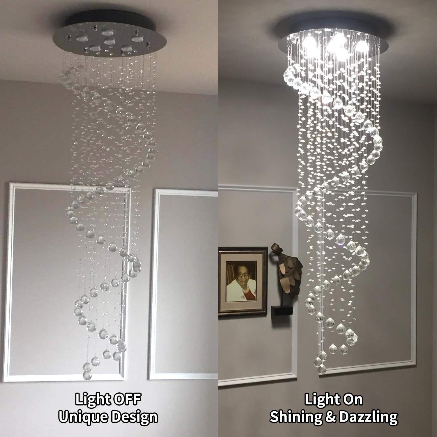 CRYSTOP Modern Contemporary Chandelier Lighting, Crystal, 6 Lights, D20in  x H61in , Silver, Luxury Drop Fixture for Foyer Dining Room Kitchen