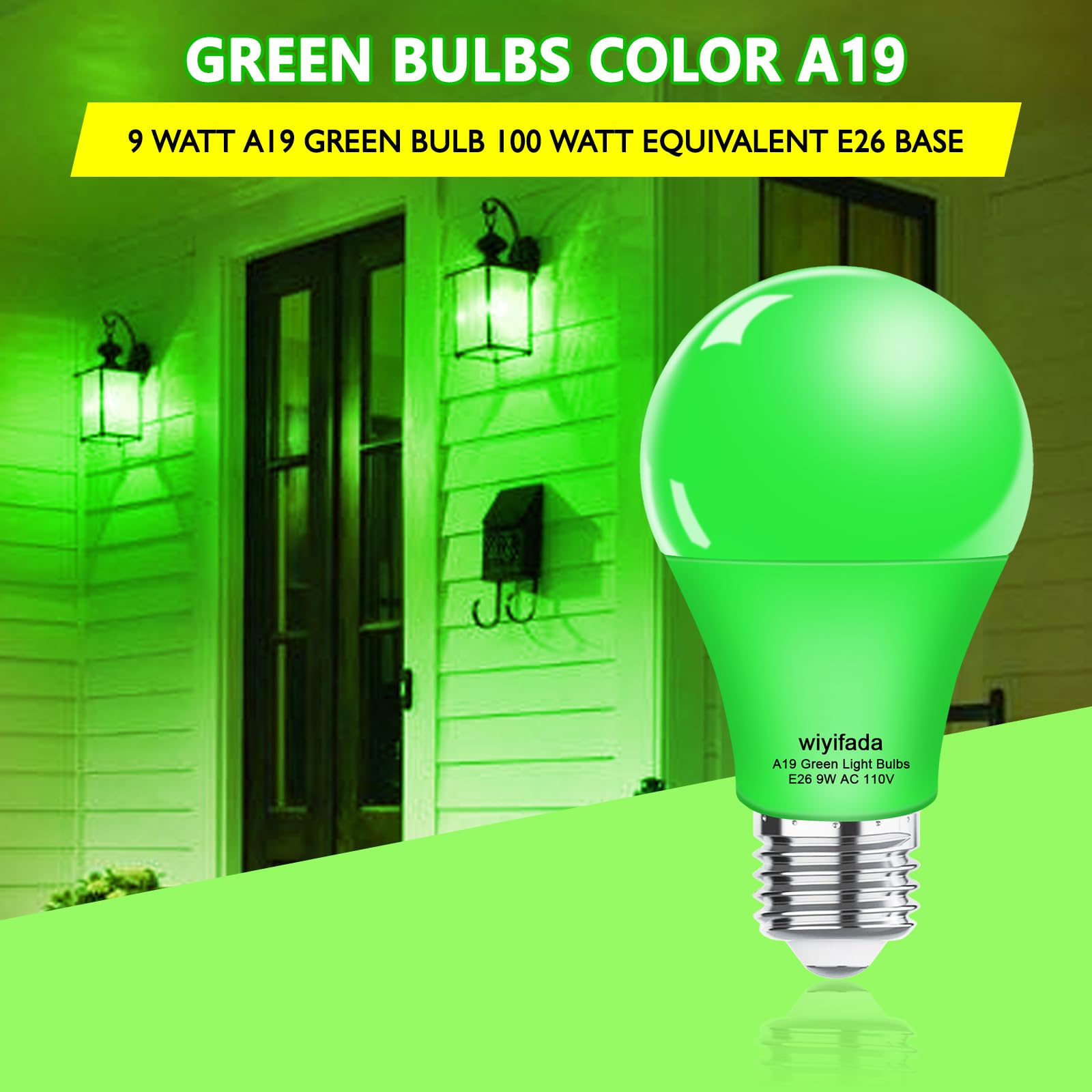 Wiyifada LED A19 Green Light Bulb 4 Pack, 9W E26 Base, Up to 100W Replacement, Ideal for Home, Party & Holiday Decor