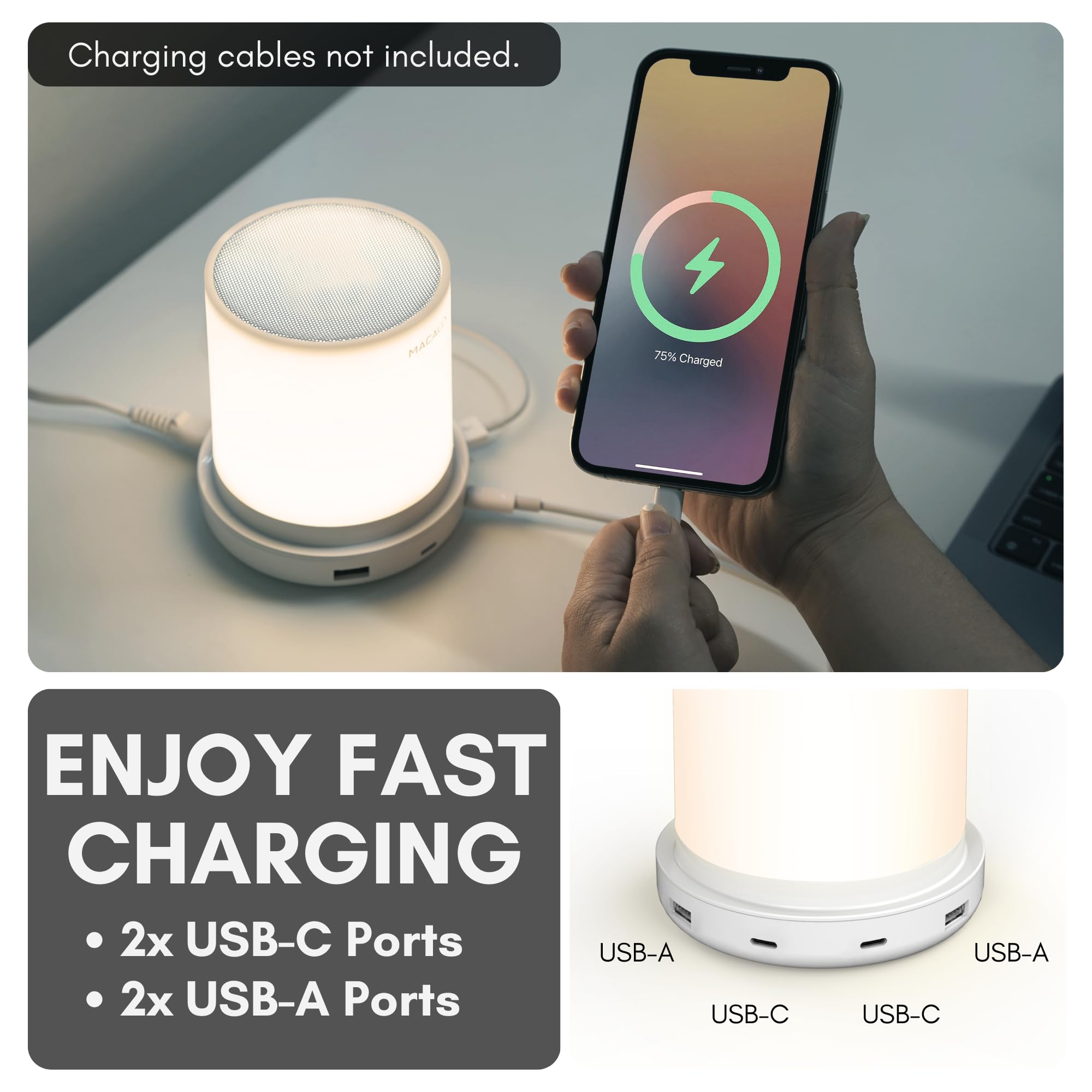 Macally Small Bedside Lamp - 3-Way Dimmable Touch Light with USB C & A Ports - White, Model LAMPCHARGAC