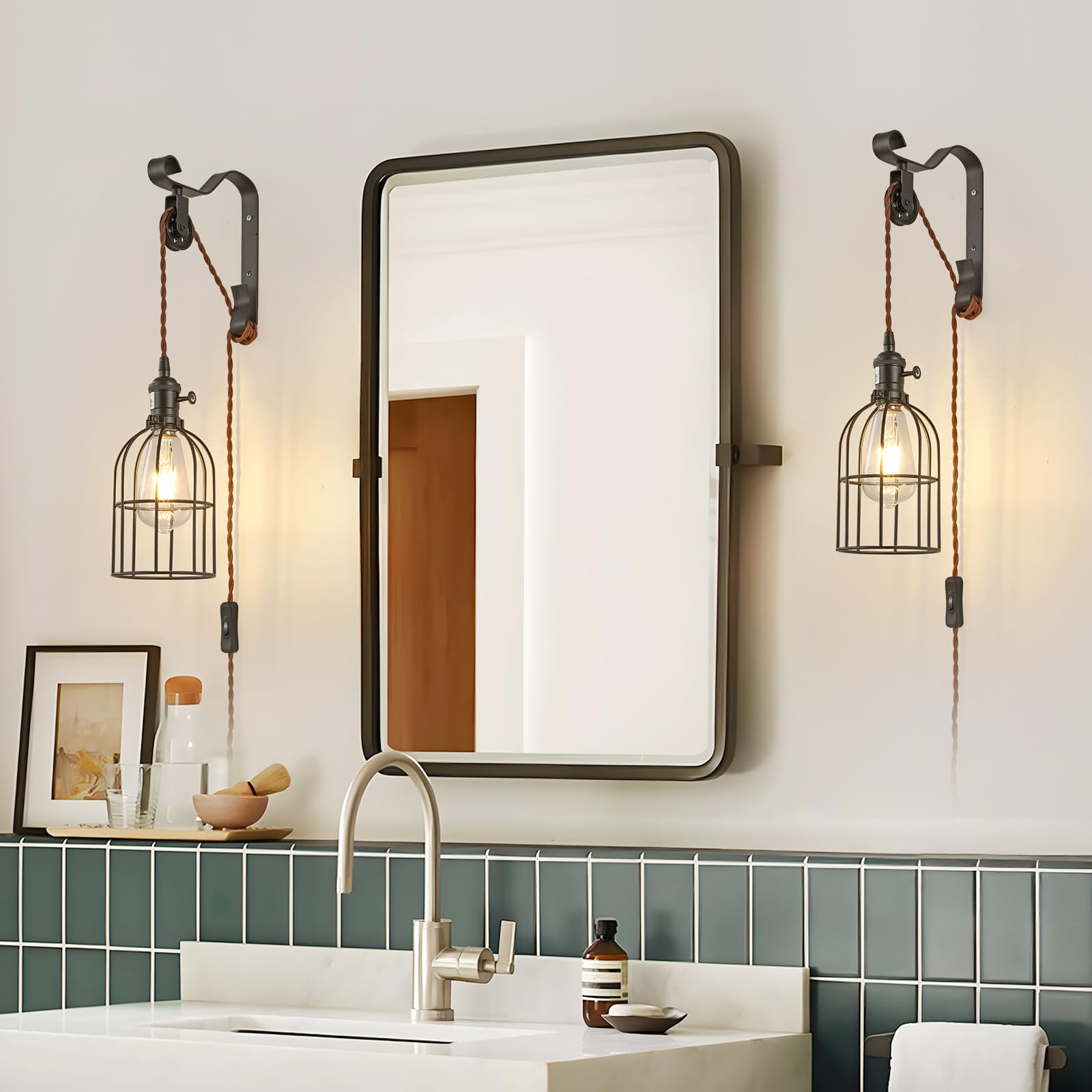 SEEBLEN Wall Sconces, Industrial Metal Lamp, Black, Plug-in with 6.5ft Cord, Height Adjustable, Style D-2, Set of 2