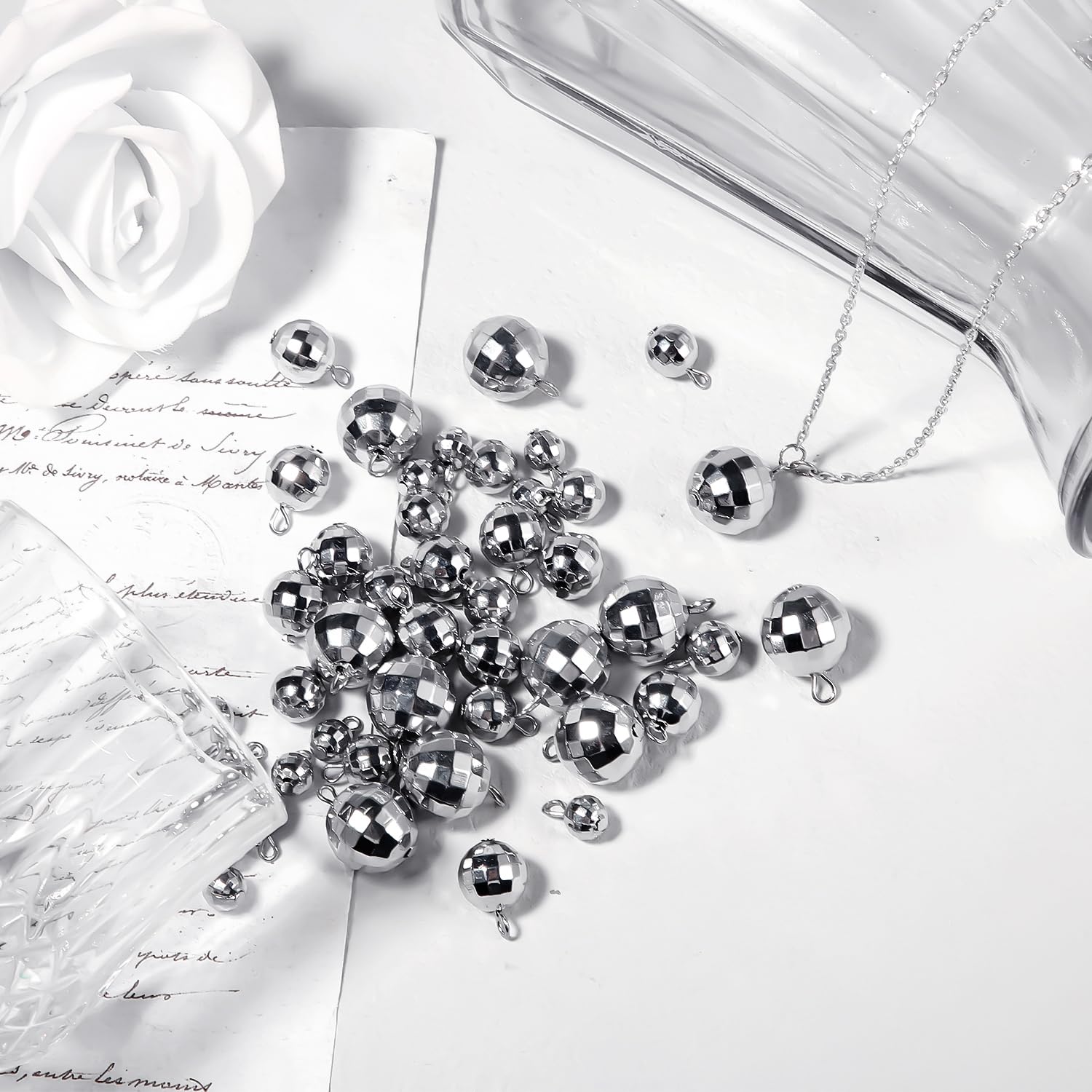 PEUTIER 48pcs Mini Disco Ball Pendants, Silver Alloy Steel Reflective Charms for DIY Crafts and Party Decorations