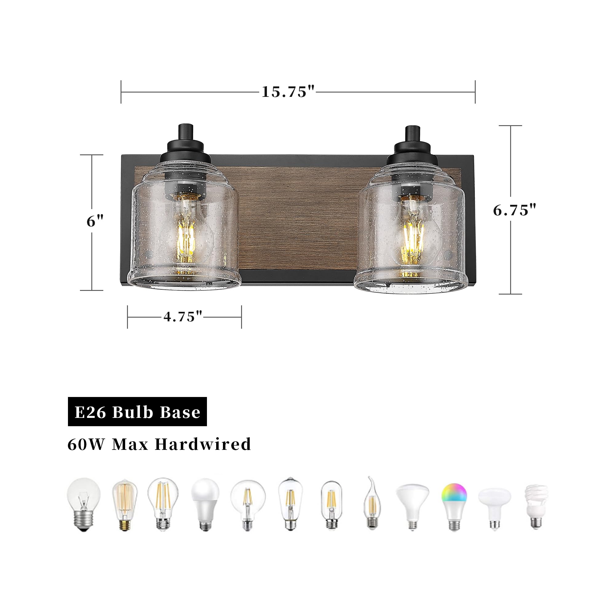 YKLITG 2-Light Farmhouse Bathroom Vanity Light, Brown Metal with Bubble Glass Shades, Model BD005 S