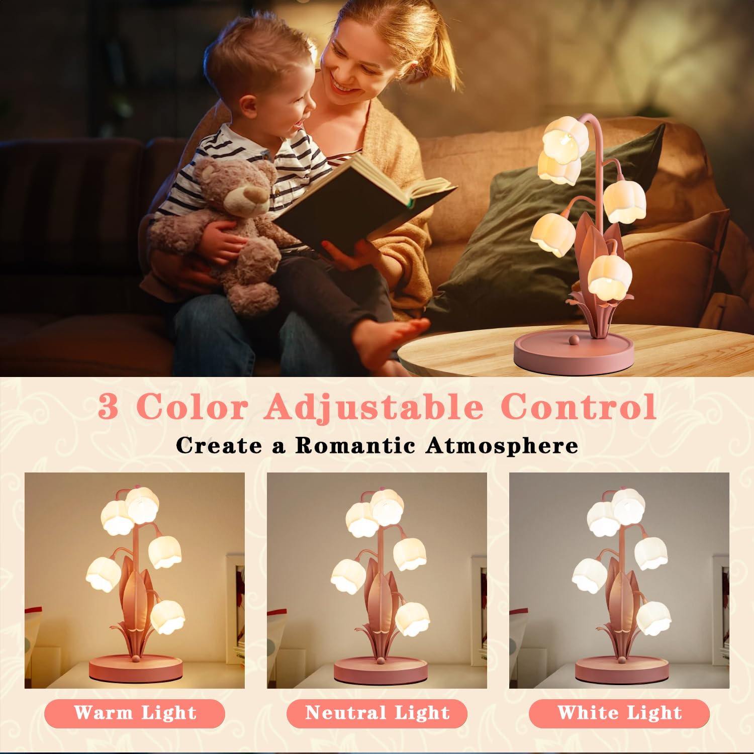 WERFOP Flower Table Lamp, Vintage Desk Lamp, 3 Color Modes, Medium Size, Pink, Model WF-TL-1218-Pink